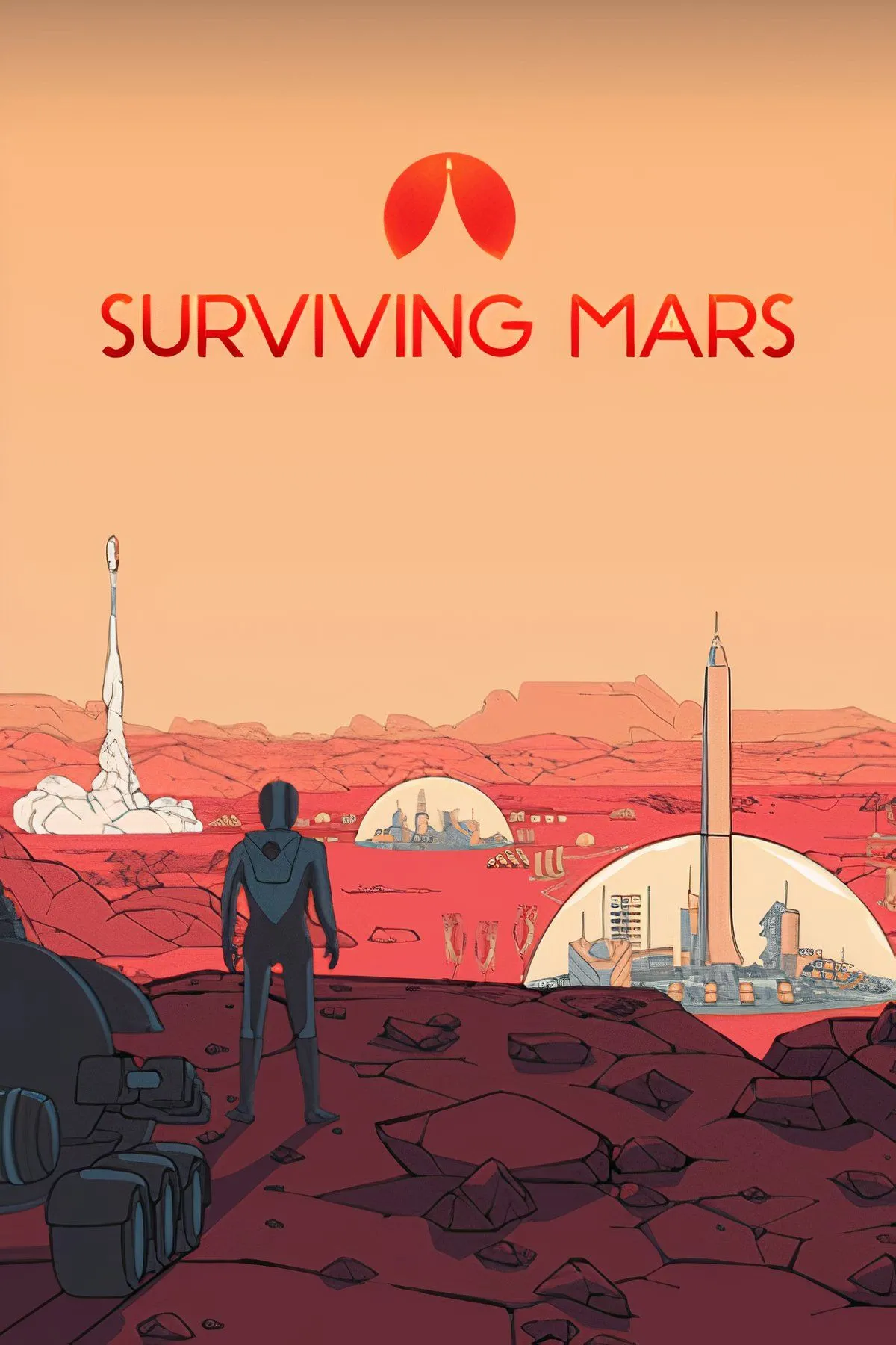 Cảnh quan game Surviving Mars, một thuộc địa trên Sao Hỏa với các mái vòm và cơ sở hạ tầng công nghệ cao