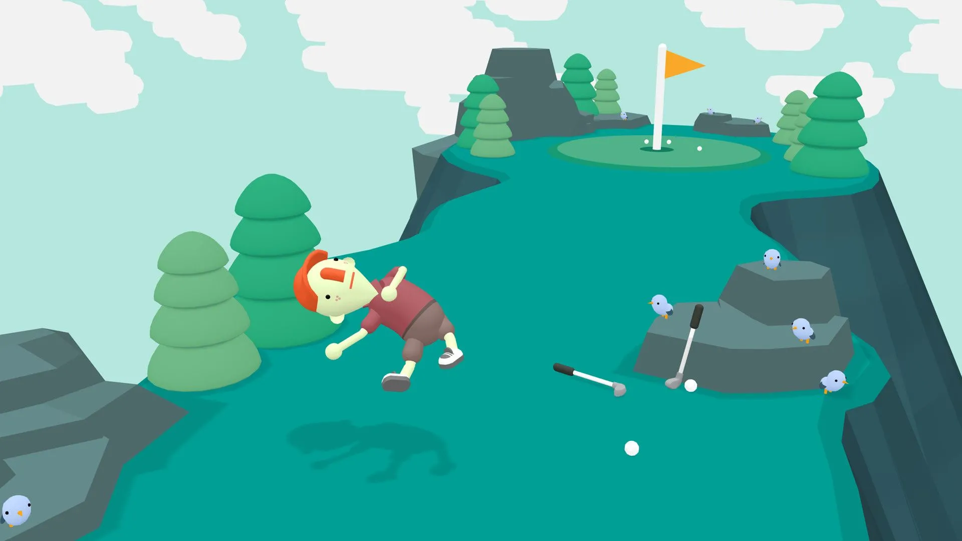 Cảnh quay gameplay từ game What the Golf? với một chiếc ô tô thay thế quả bóng golf