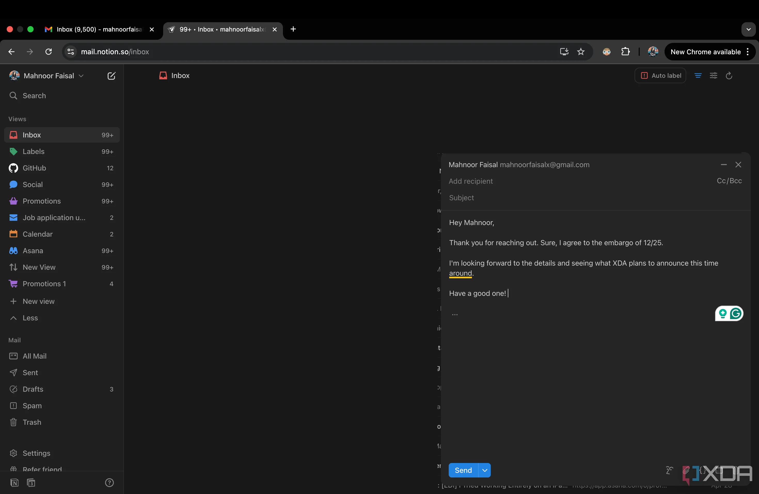 Cảnh soạn thảo email trong Notion Mail, thể hiện sự hỗ trợ của AI trong việc tạo nội dung, sửa lỗi ngữ pháp và sử dụng các phím tắt nhanh để tăng tốc độ làm việc.