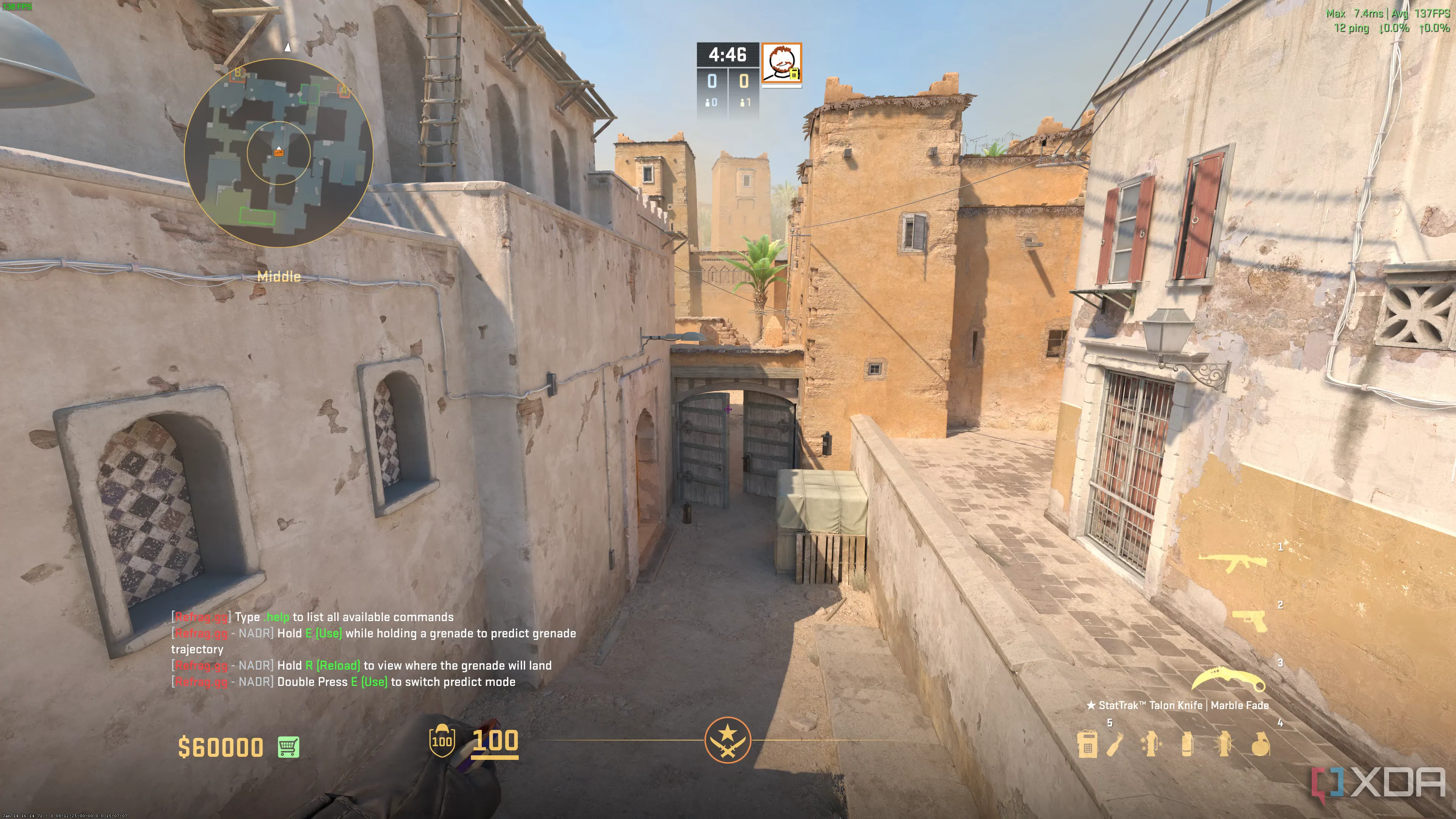 Cảnh trong game Counter-Strike 2 tại khu vực B bombsite trên bản đồ Dust 2