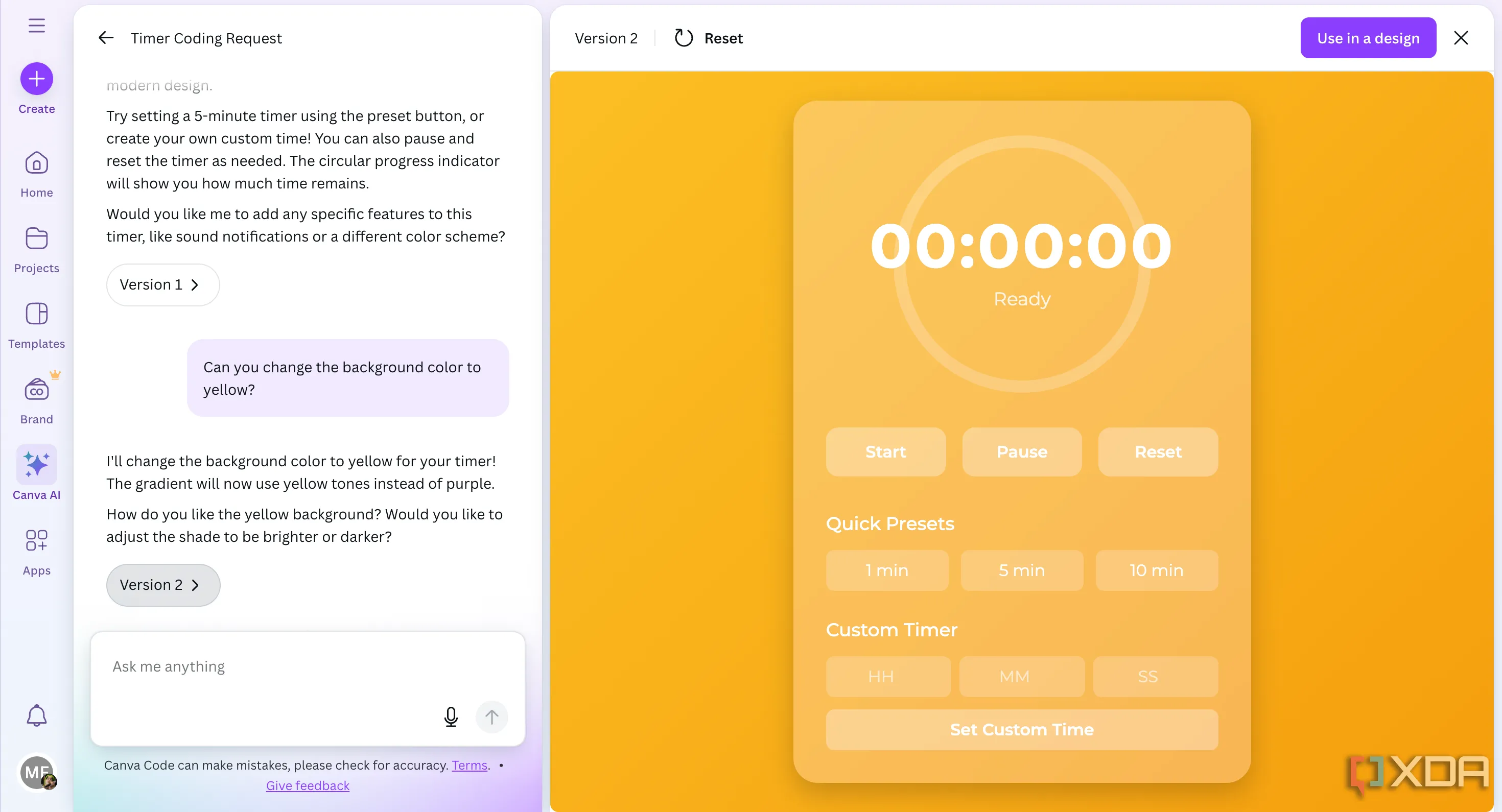 Canva Code chỉnh sửa và tạo bộ hẹn giờ màu vàng theo yêu cầu người dùng