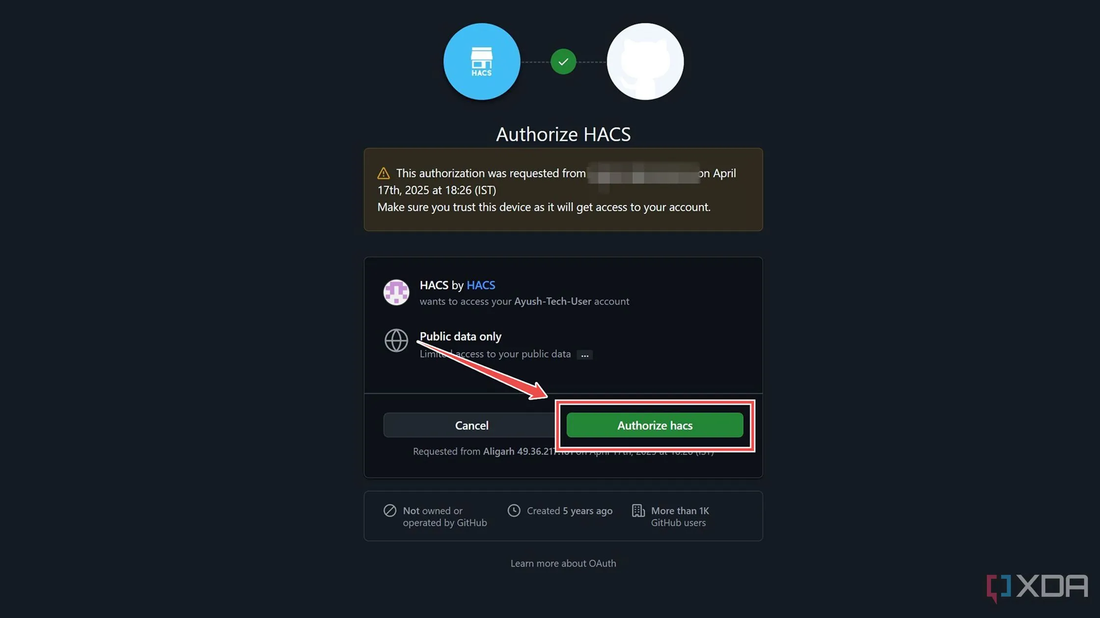 Cấp quyền cho HACS truy cập tài khoản GitHub