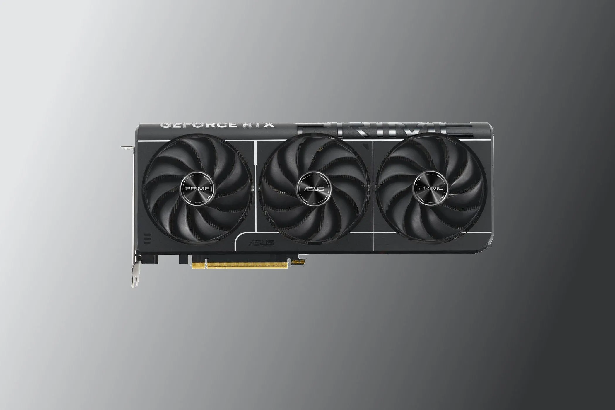 Card đồ họa Asus GeForce RTX 5070 Ti Prime với thiết kế tối giản, ba quạt tản nhiệt hiệu suất cao.