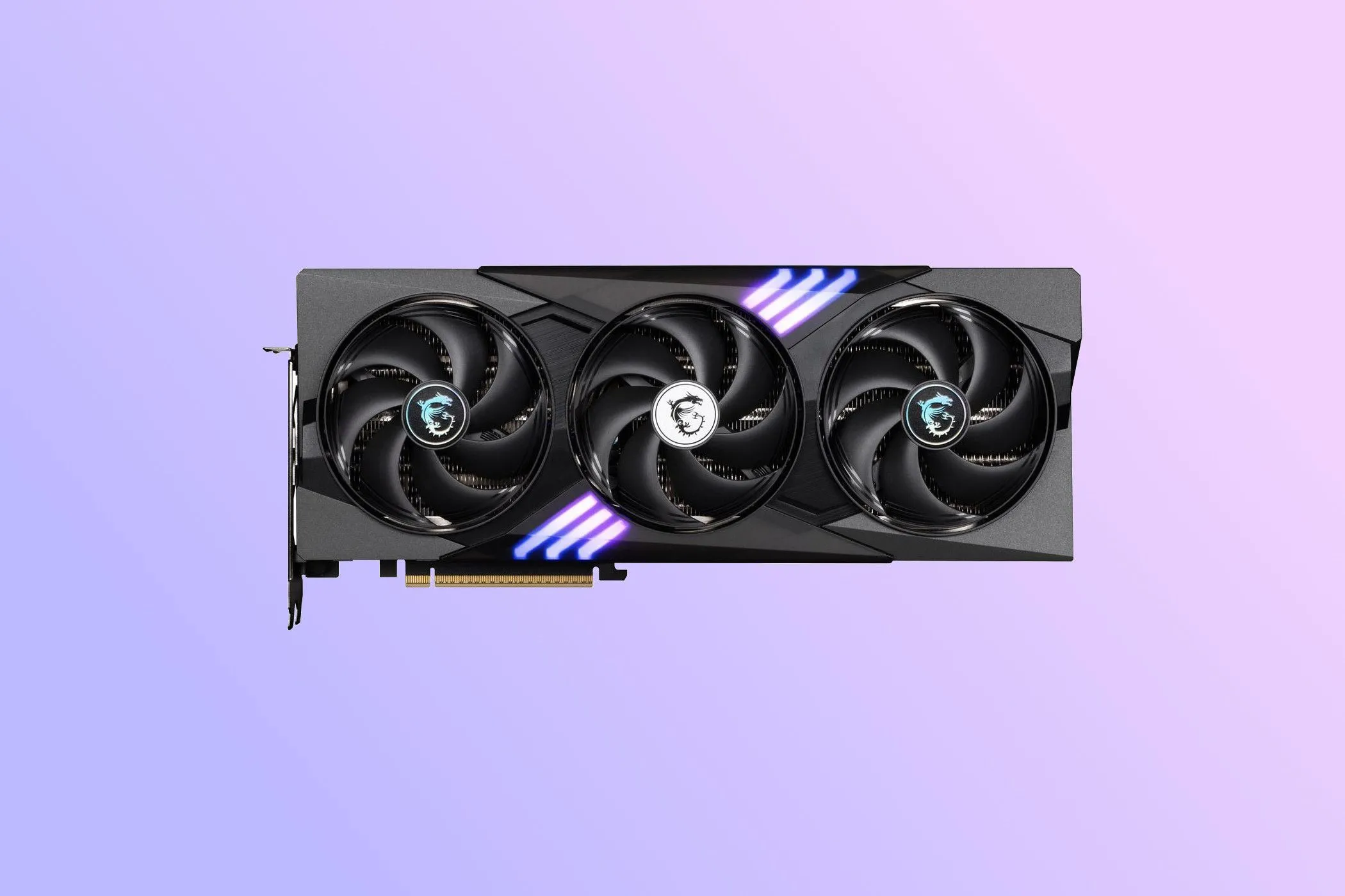 Card đồ họa MSI GeForce RTX 5070 Ti Gaming Trio OC Plus với thiết kế ba quạt tản nhiệt và dải đèn RGB tinh tế.