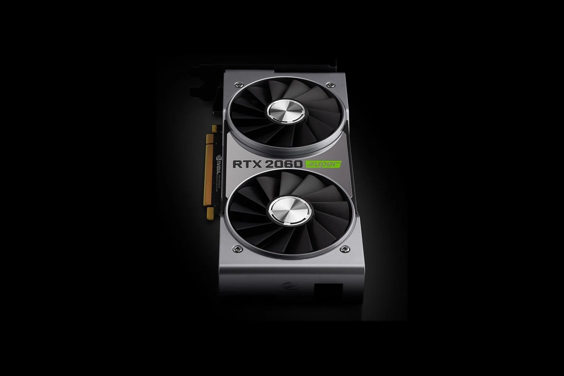 Card đồ họa Nvidia GeForce RTX 2060 Super với thiết kế tản nhiệt kép và logo RTX trên nền đen, một lựa chọn GPU gaming mạnh mẽ