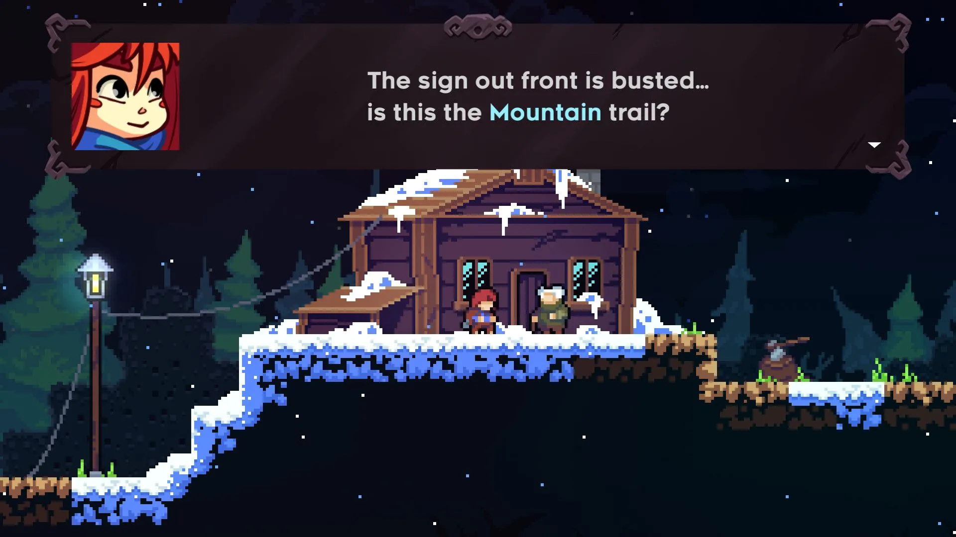 Celeste: Hai nhân vật đang nói chuyện bên trong một cabin trong khung cảnh tuyết trắng