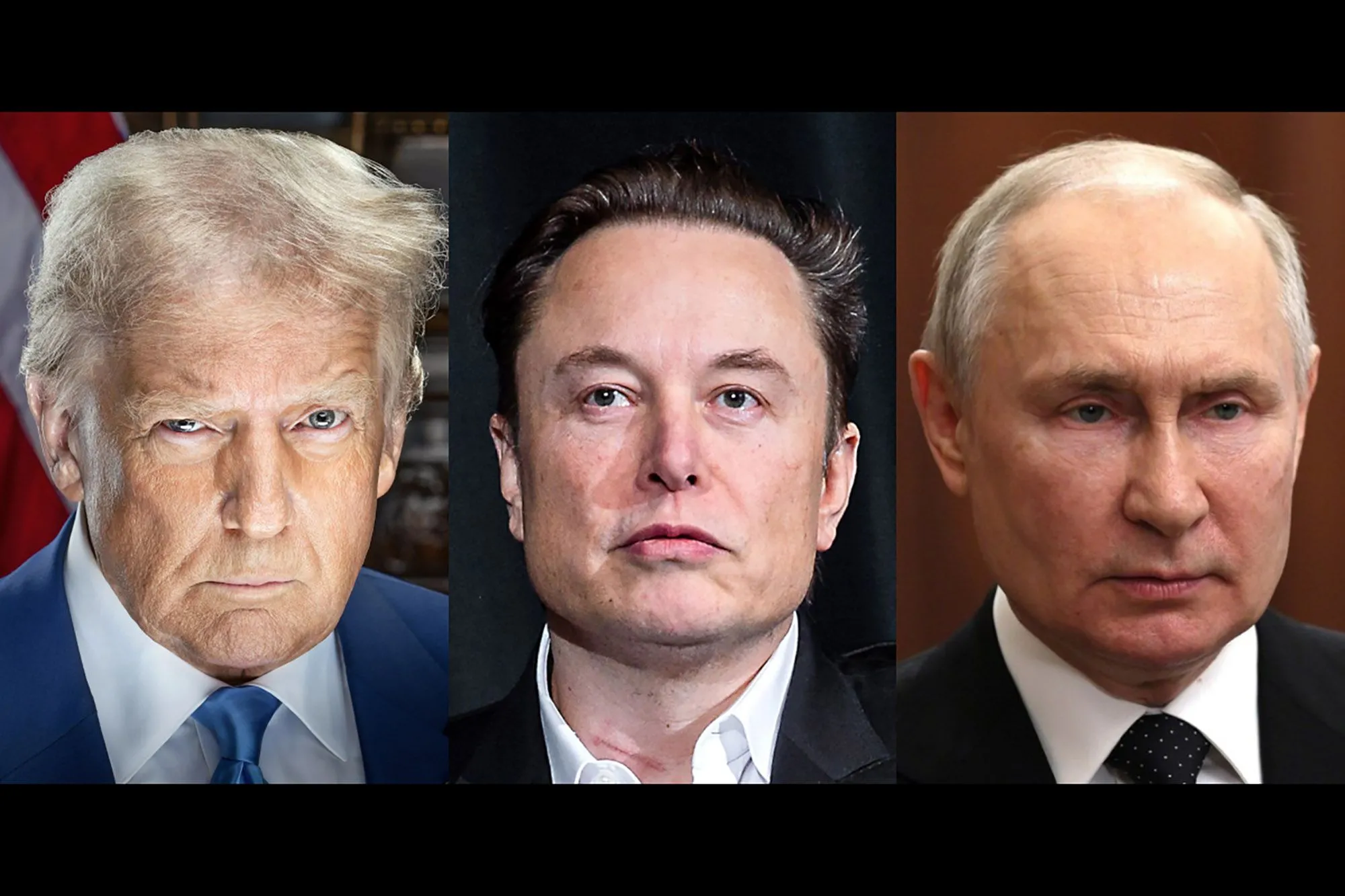Chân dung của Donald Trump, Elon Musk và Vladimir Putin, đại diện cho các thế lực có thể liên quan đến thao túng thông tin