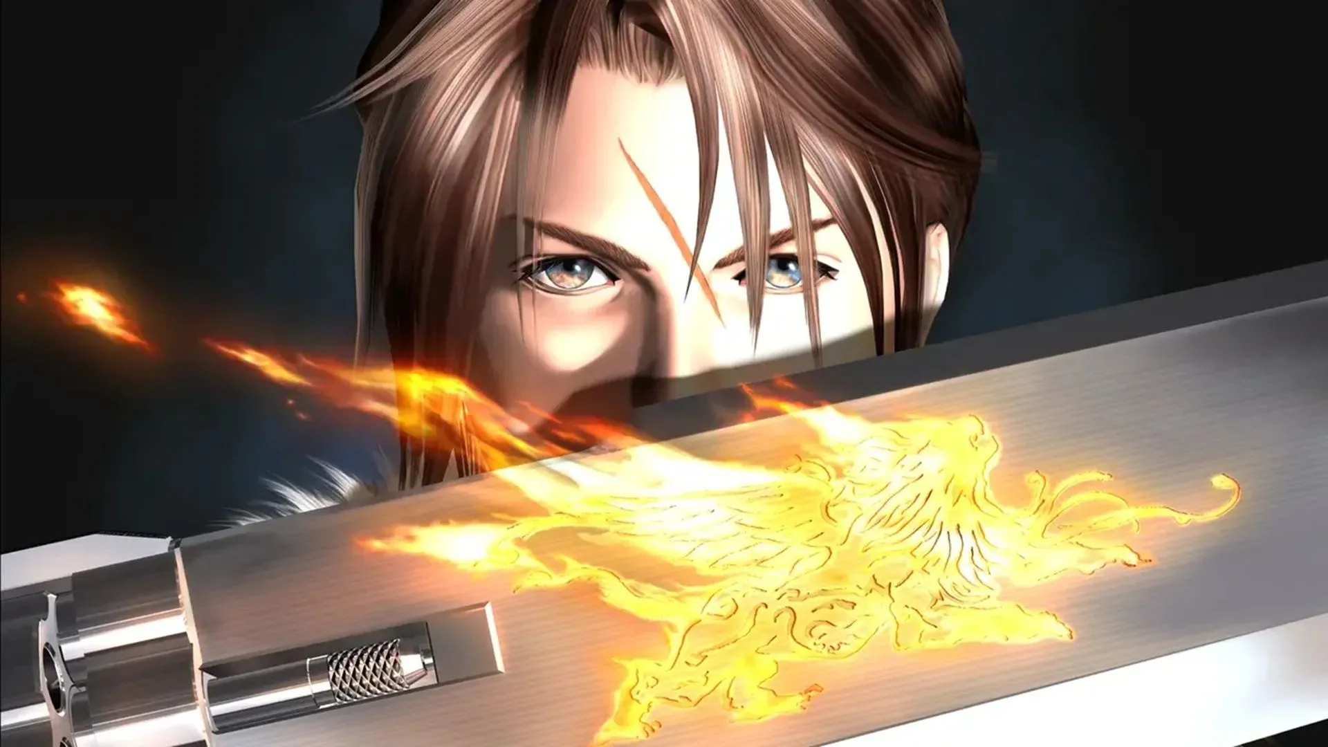 Chân dung nhân vật Squall Leonhart, nhân vật chính trong Final Fantasy VIII với khẩu Gunblade đặc trưng