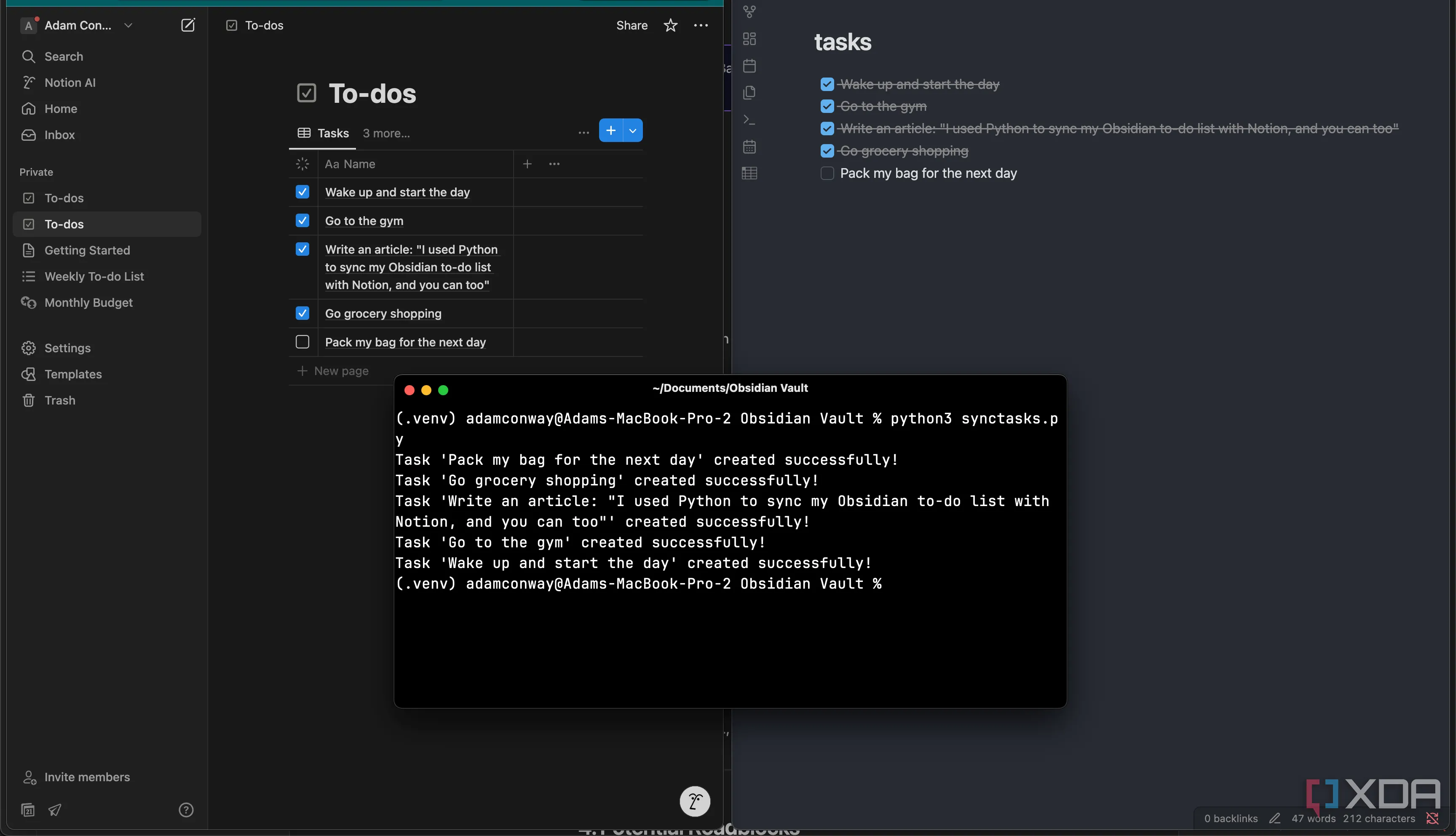 Chạy script Python synctasks.py trong terminal để đồng bộ hóa ghi chú Obsidian với Notion