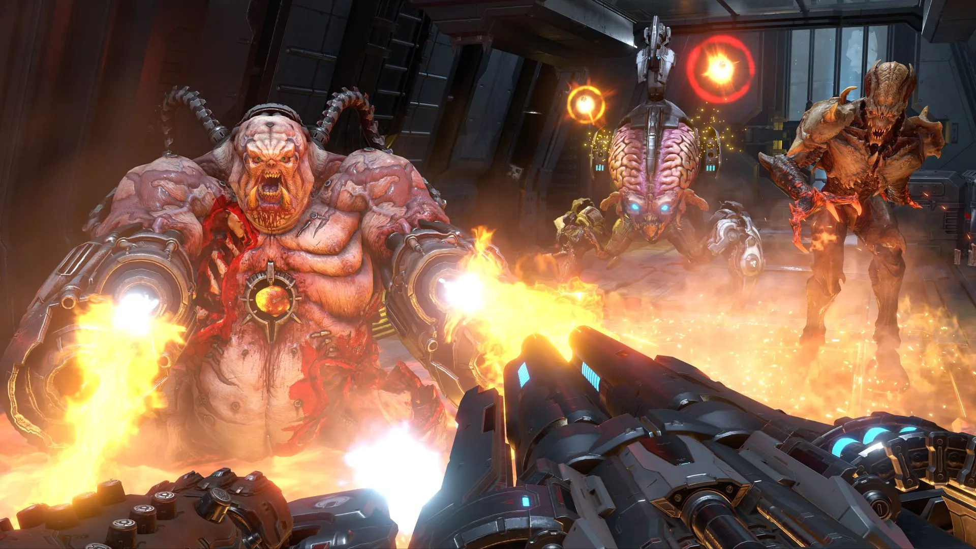 Chế độ Battlemode multiplayer trong Doom Eternal, với Doom Slayer chiến đấu chống lại ba con quỷ lớn