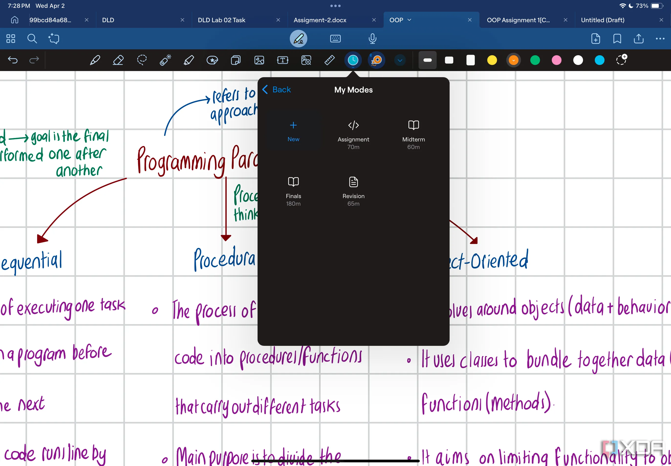 Chế độ &quot;My Modes&quot; của Time Keeper trong Goodnotes 6 cho phép tùy chỉnh các khung giờ học và ôn tập