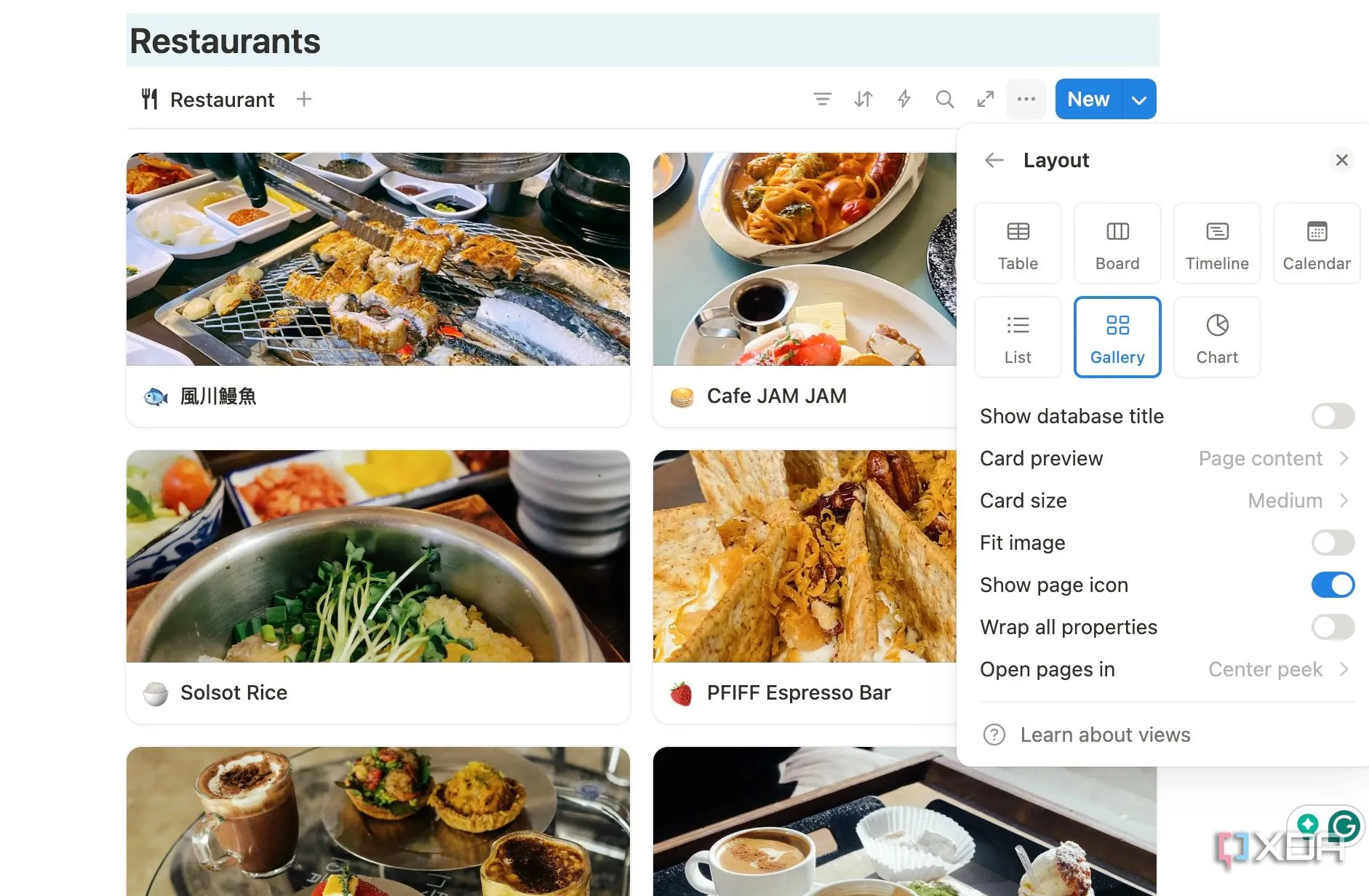 Chế độ xem thư viện (Gallery view) của các nhà hàng yêu thích trong Notion