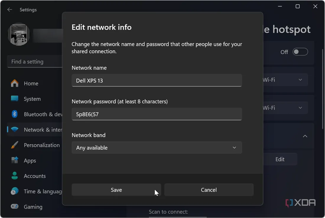 Chỉnh sửa tên mạng, mật khẩu và băng tần cho điểm phát sóng di động trên Windows 11