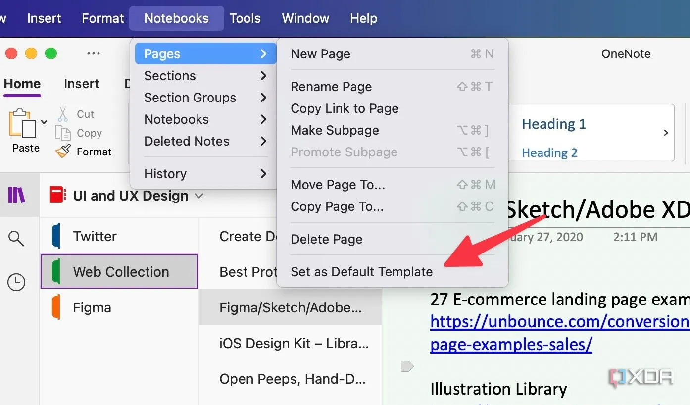 Chọn &quot;Đặt làm Mẫu Mặc định&quot; cho một trang OneNote để tiết kiệm thời gian khi tạo ghi chú mới.
