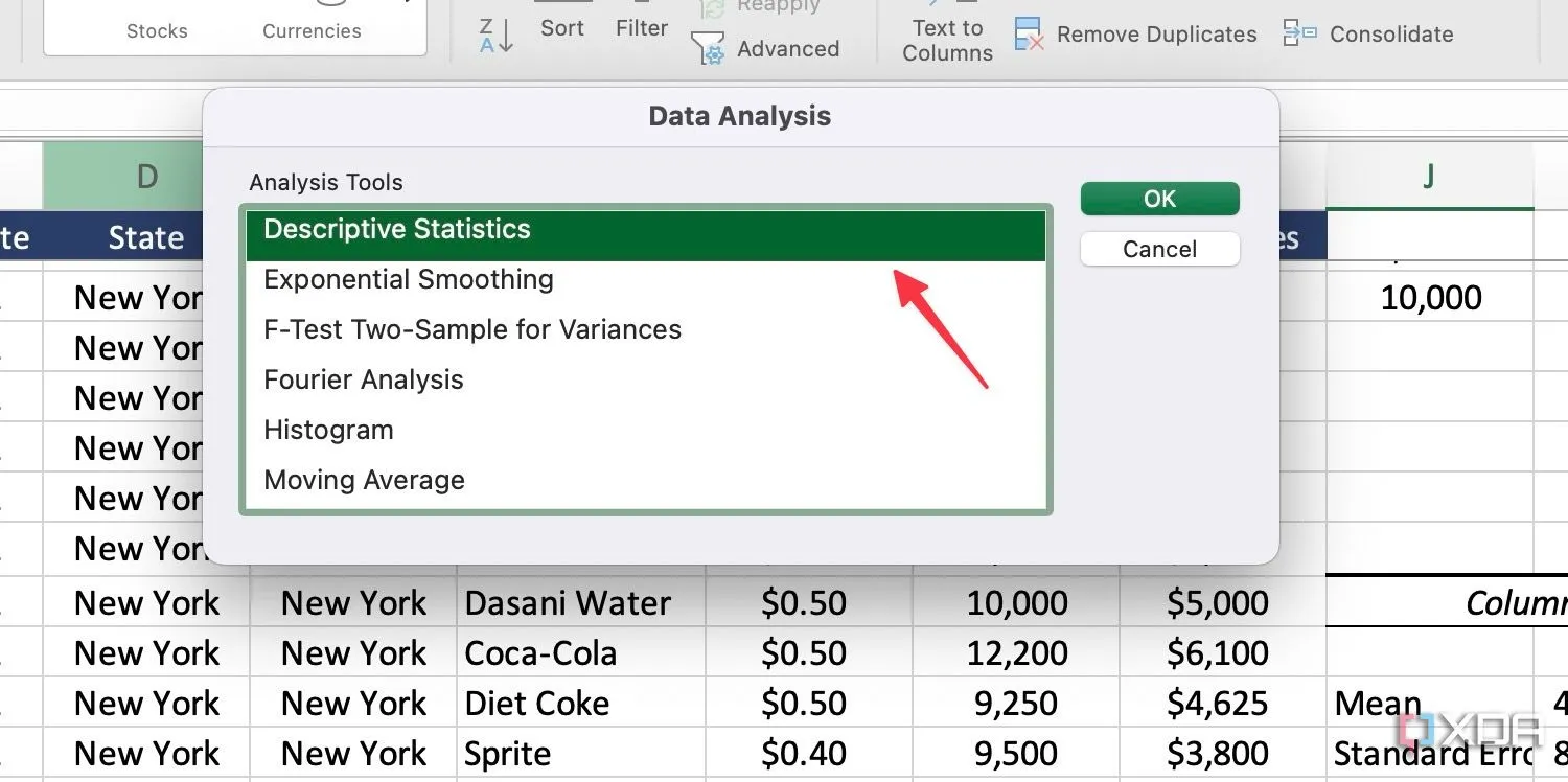 Chọn Descriptive Statistics để tóm tắt dữ liệu trong Excel