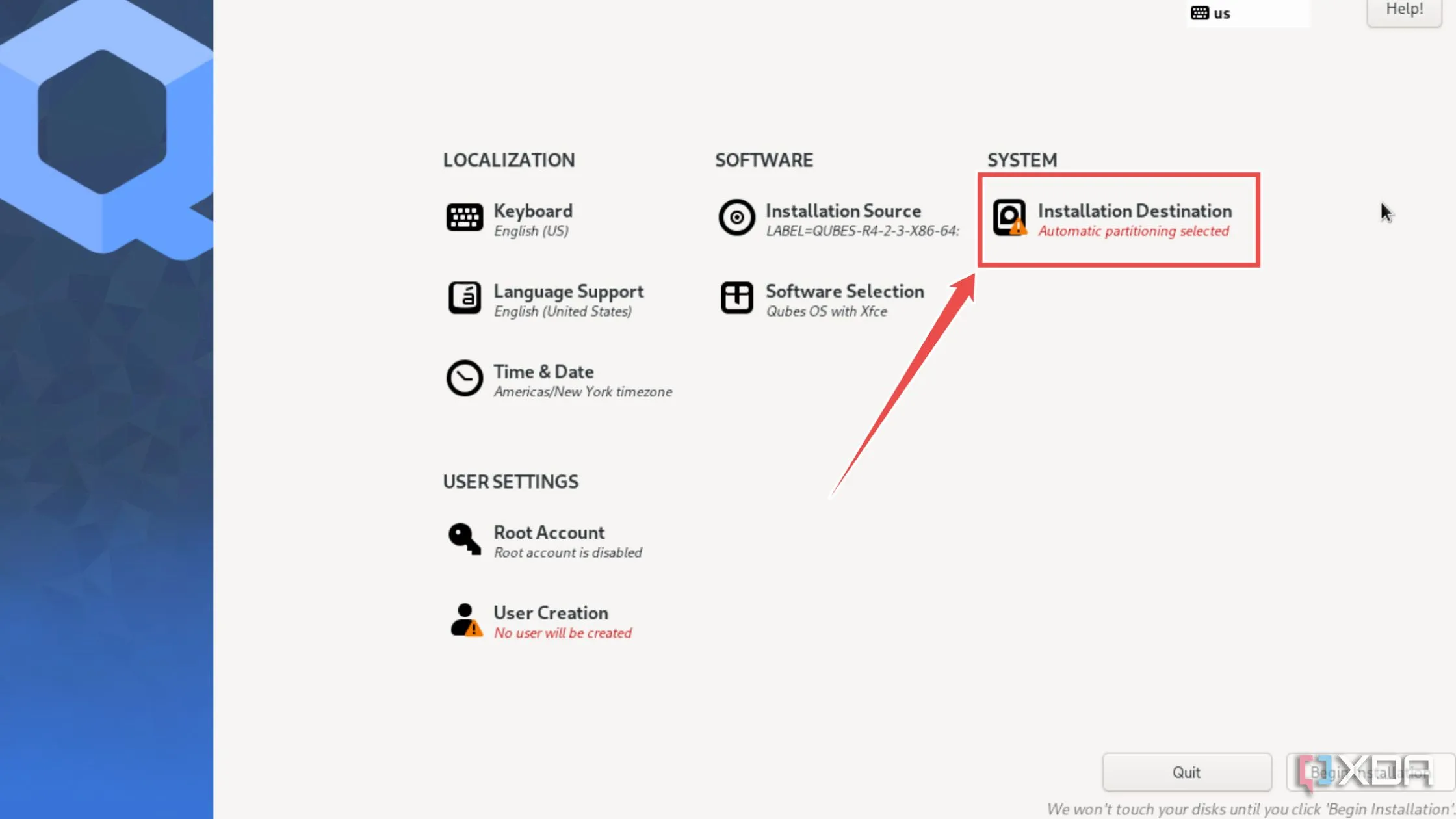 Chọn đích cài đặt (Installation Destination) cho Qubes OS
