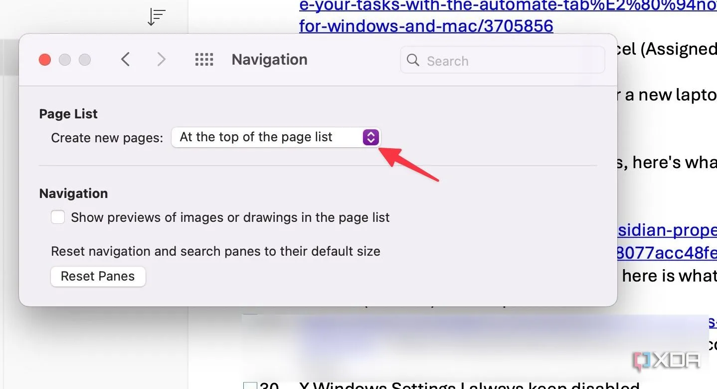 Chọn &quot;Ở đầu danh sách&quot; cho tùy chọn tạo trang mới trong cài đặt Điều hướng của OneNote trên Mac.