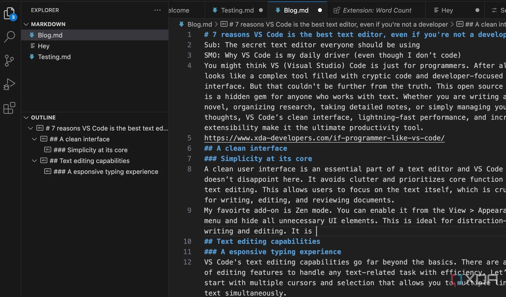 Chức năng Outline view trên VS Code giúp quản lý cấu trúc tài liệu dài