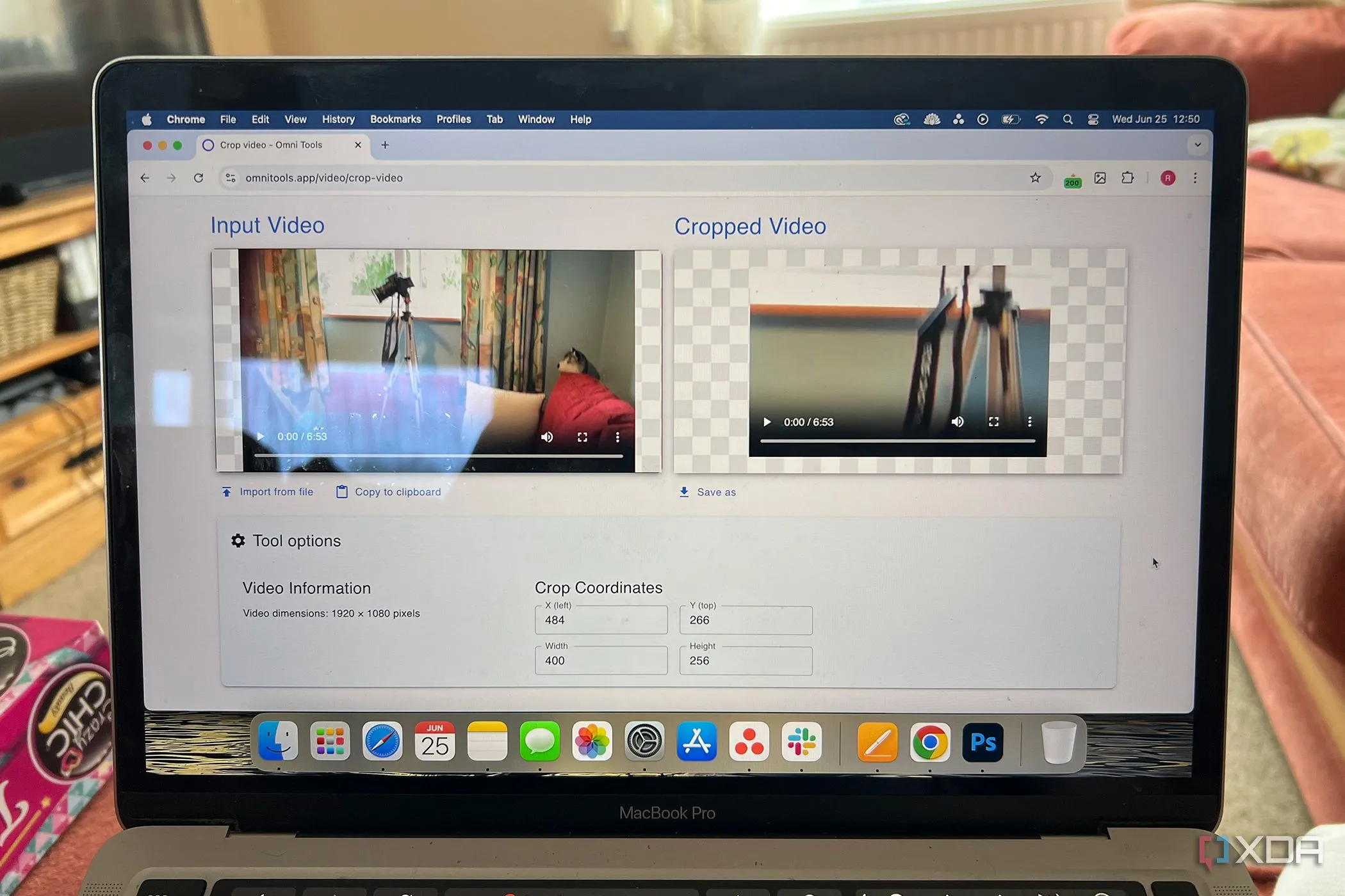 Công cụ cắt khung hình video (crop) của Omni Tools hiển thị các trường nhập tọa độ