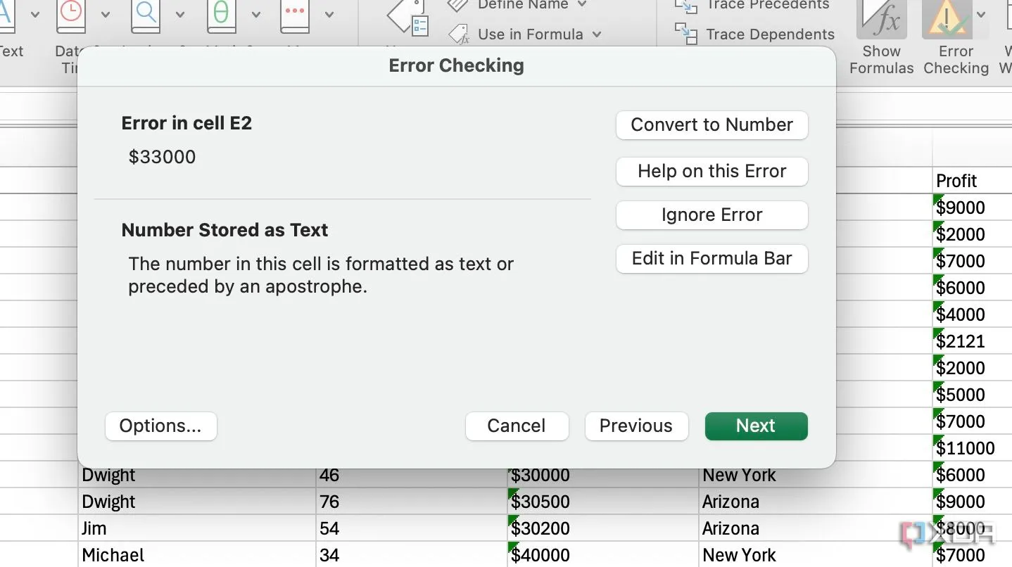 Công cụ Error Checking của Excel giúp phát hiện lỗi phổ biến