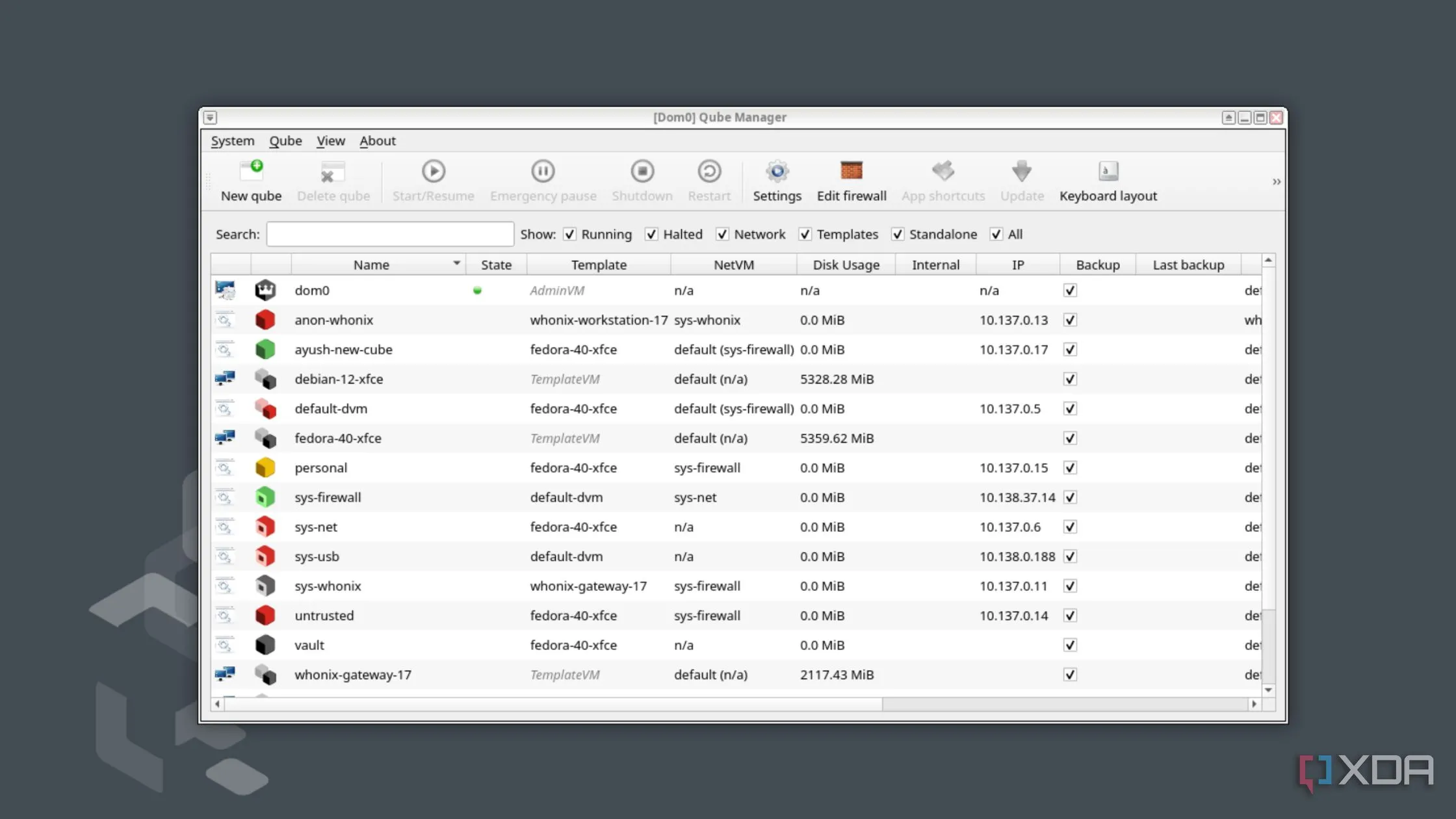 Công cụ Qube Manager hiển thị danh sách và trạng thái các qube đang chạy trong hệ thống Qubes OS