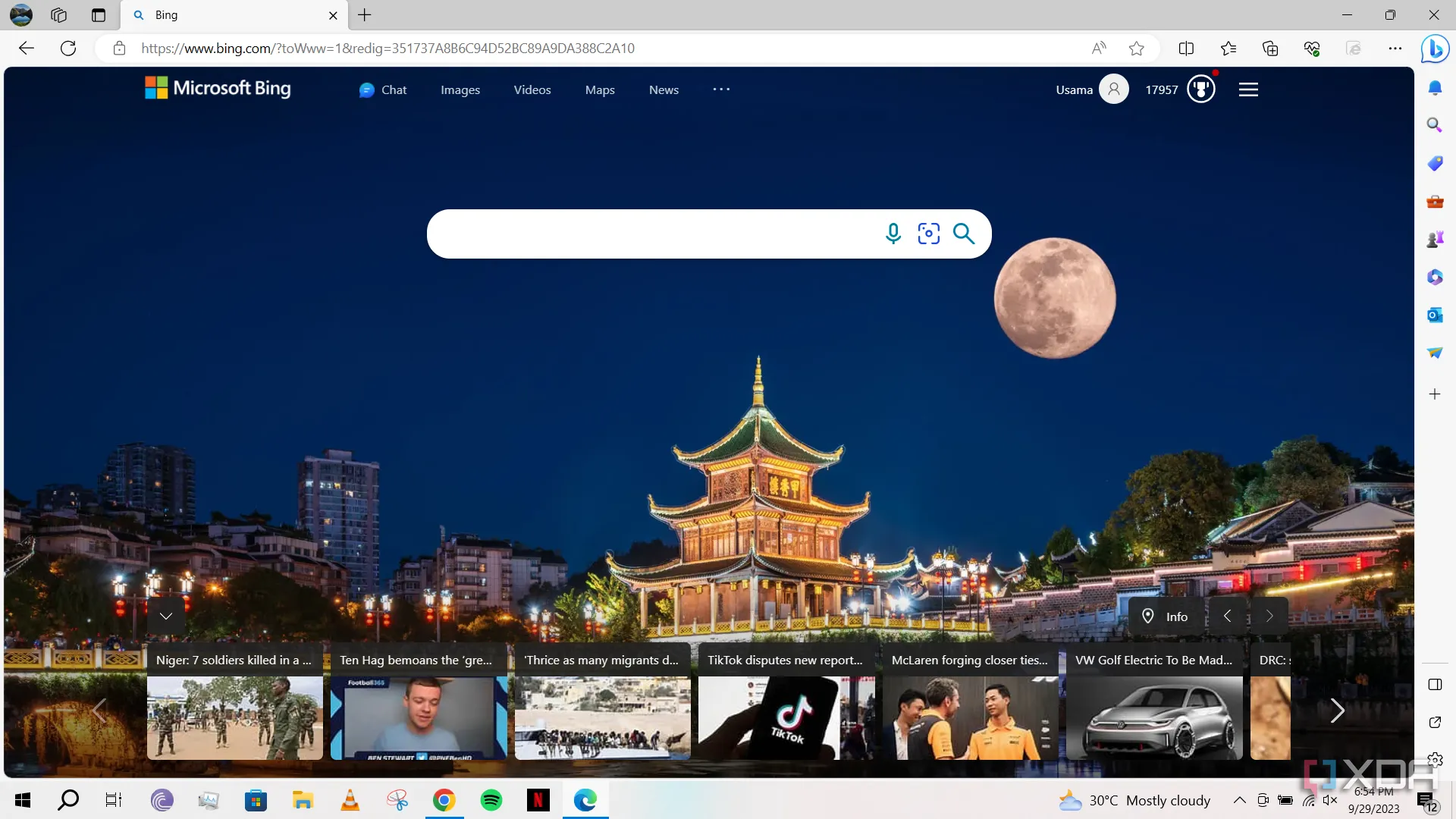 Công cụ tìm kiếm Bing hiển thị trên trình duyệt Microsoft Edge
