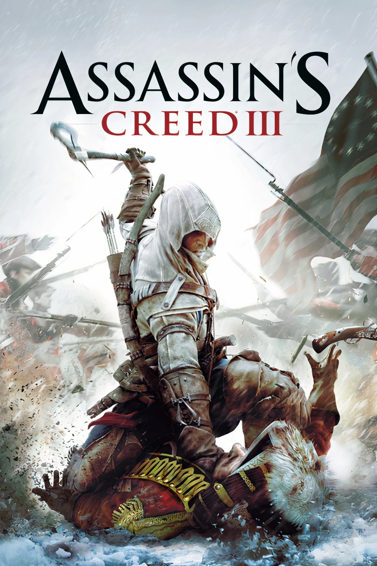 Connor Kenway, nhân vật chính của Assassin's Creed III, tung ra đòn tấn công tàn khốc bằng rìu tomahawk trong trận chiến, thể hiện phong cách chiến đấu mạnh mẽ và bạo lực.