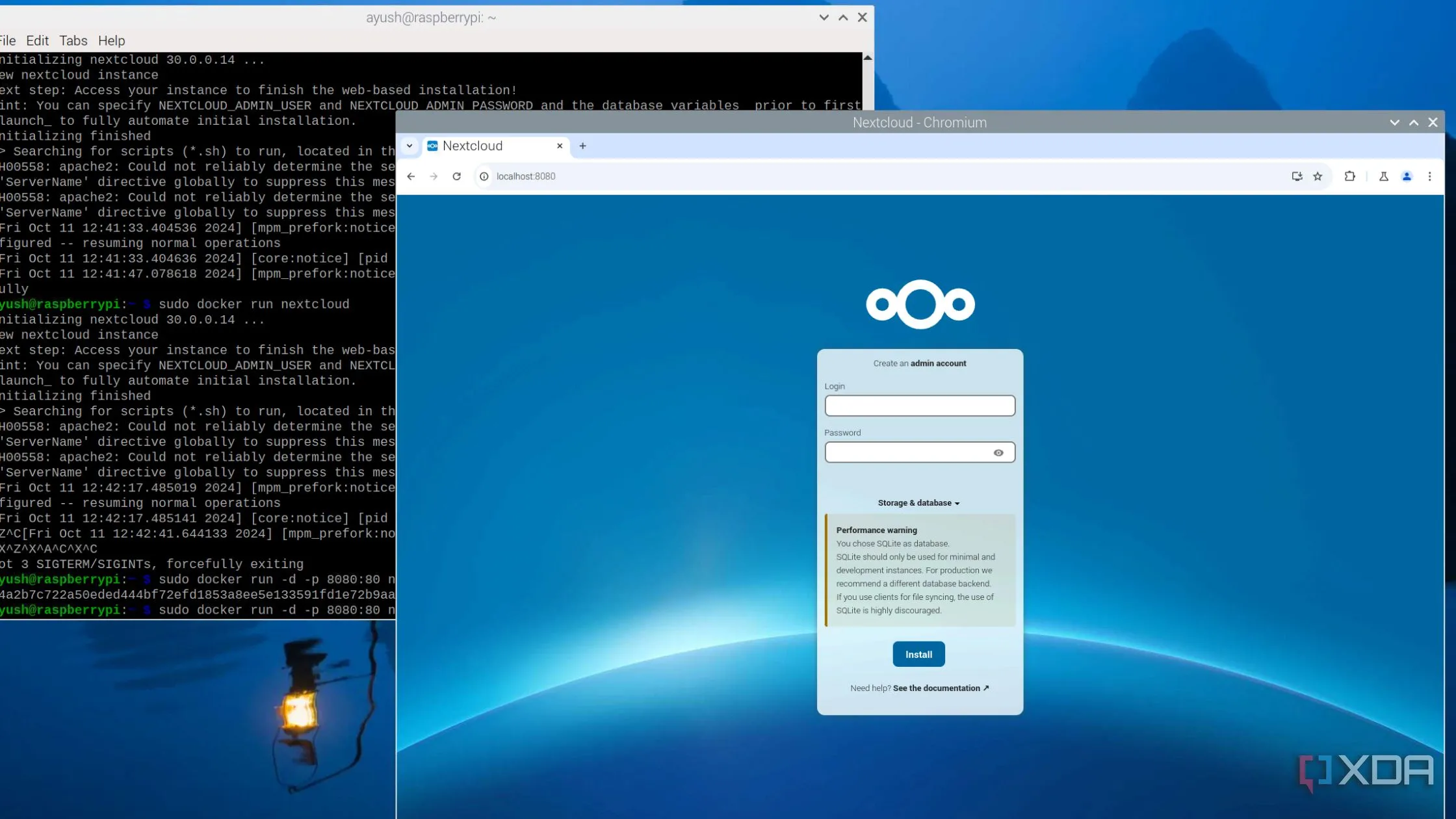 Container Nextcloud đang chạy trên Raspberry Pi, minh họa triển khai Docker