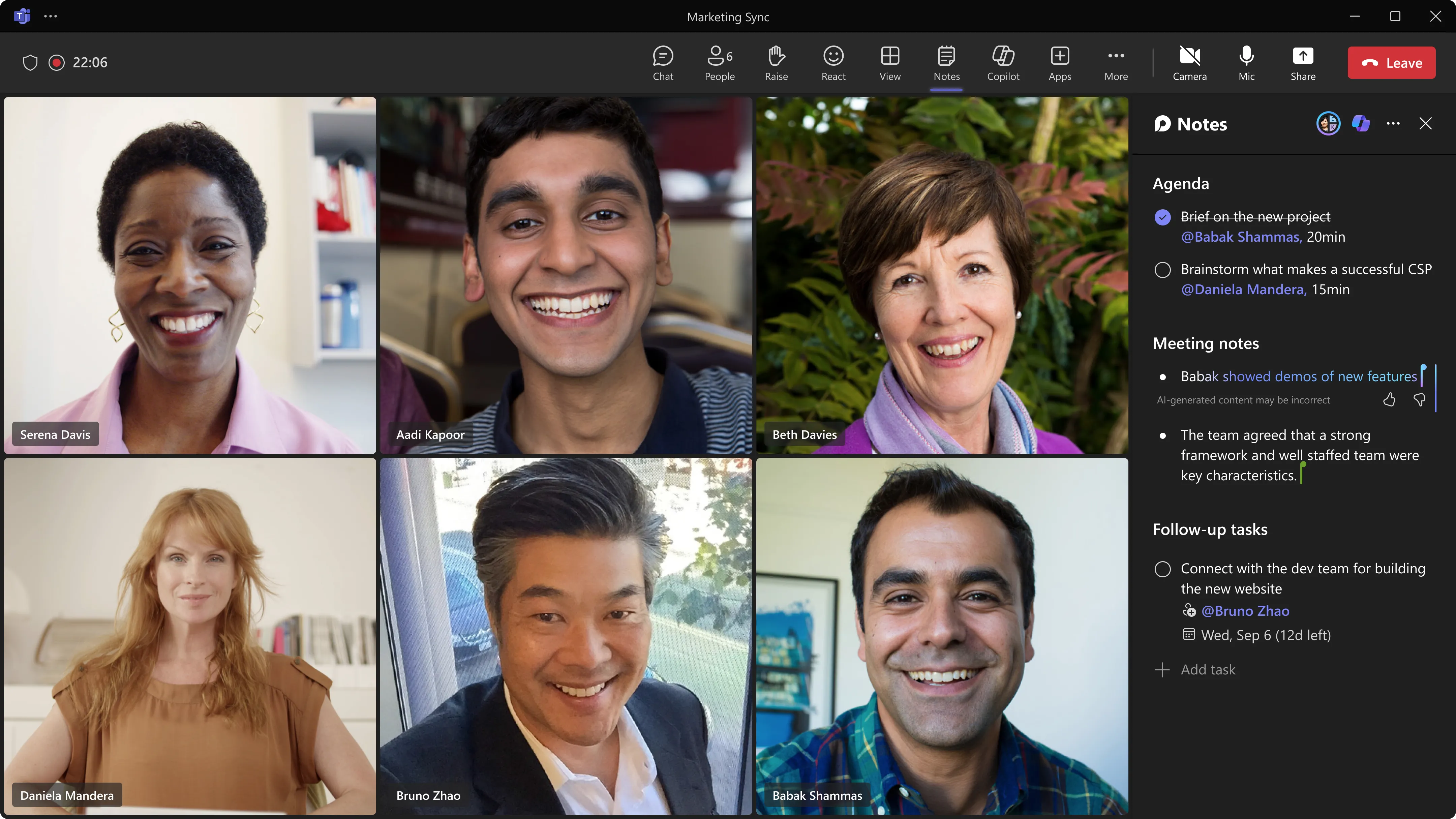 Copilot AI ghi chú cuộc họp Microsoft Teams trong thời gian thực, hỗ trợ tổng hợp thông tin và theo dõi công việc hiệu quả.