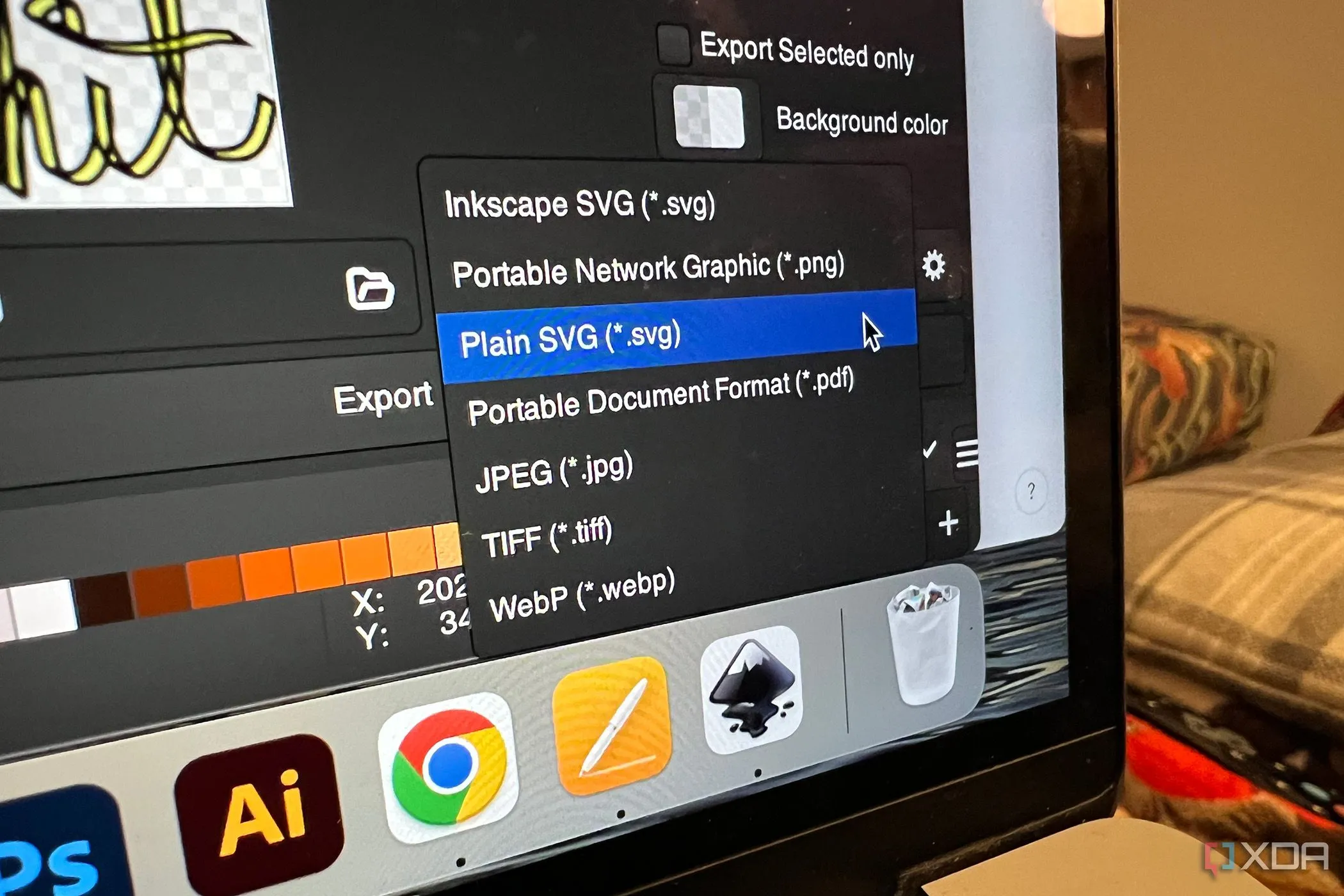 Cửa sổ các tùy chọn định dạng xuất file trong Inkscape, bao gồm SVG, PDF, PNG