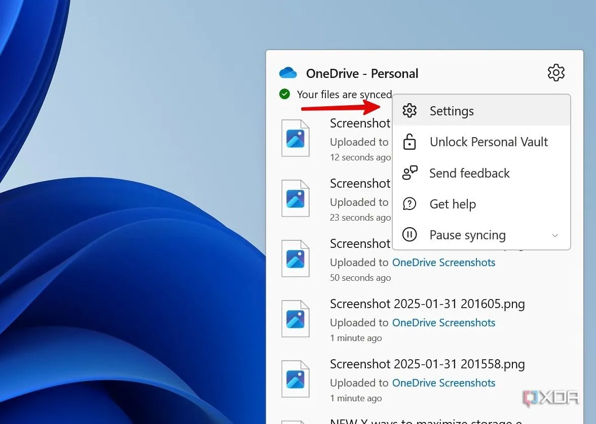 Cửa sổ cài đặt ứng dụng OneDrive trên Windows, hiển thị các tùy chọn cấu hình và quản lý