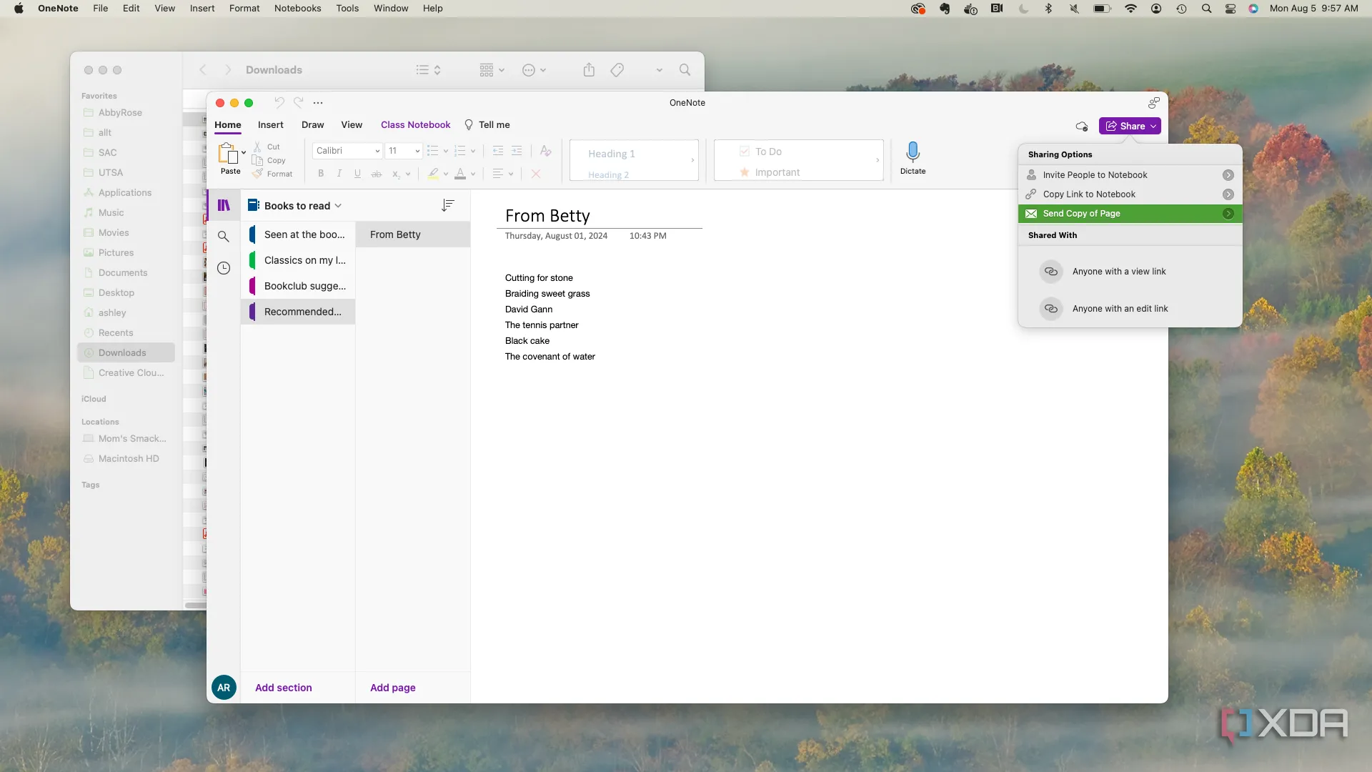 Cửa sổ chia sẻ và gửi liên kết trong ứng dụng OneNote trên máy tính