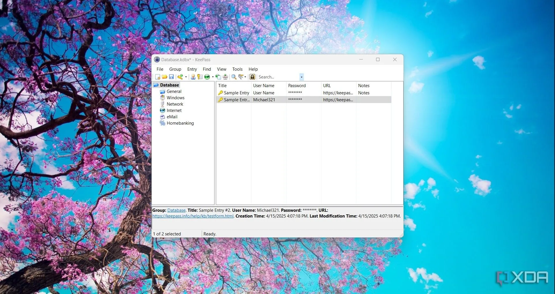 Cửa sổ chính của KeePass trên Windows 11, hiển thị giao diện quản lý mật khẩu an toàn