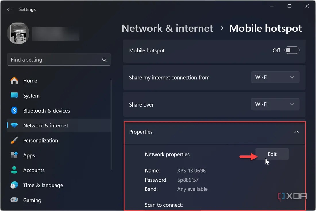 Cửa sổ chỉnh sửa thuộc tính điểm phát sóng Wi-Fi di động trên Windows 11