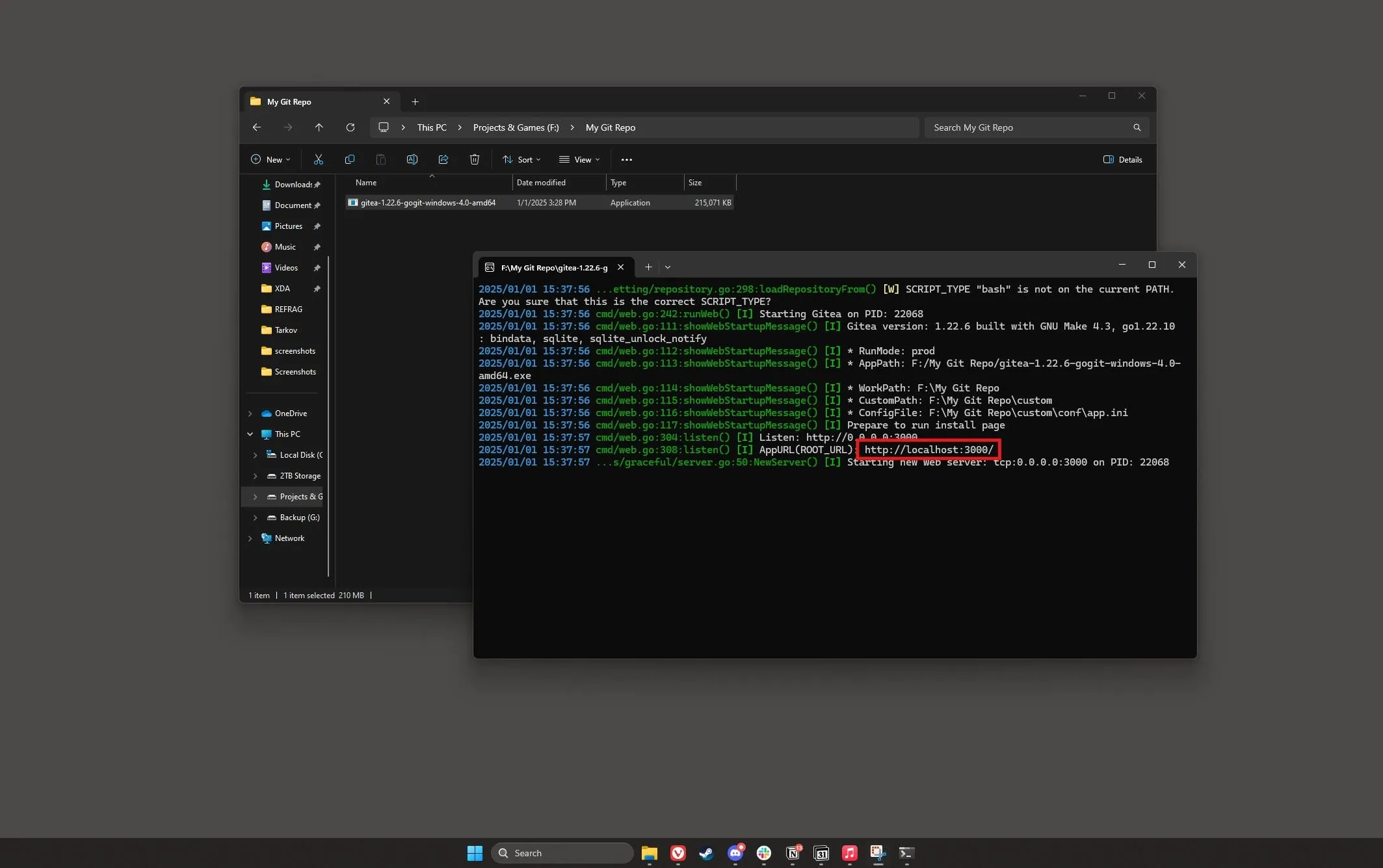 Cửa sổ Command Prompt hiển thị Gitea server đang khởi chạy