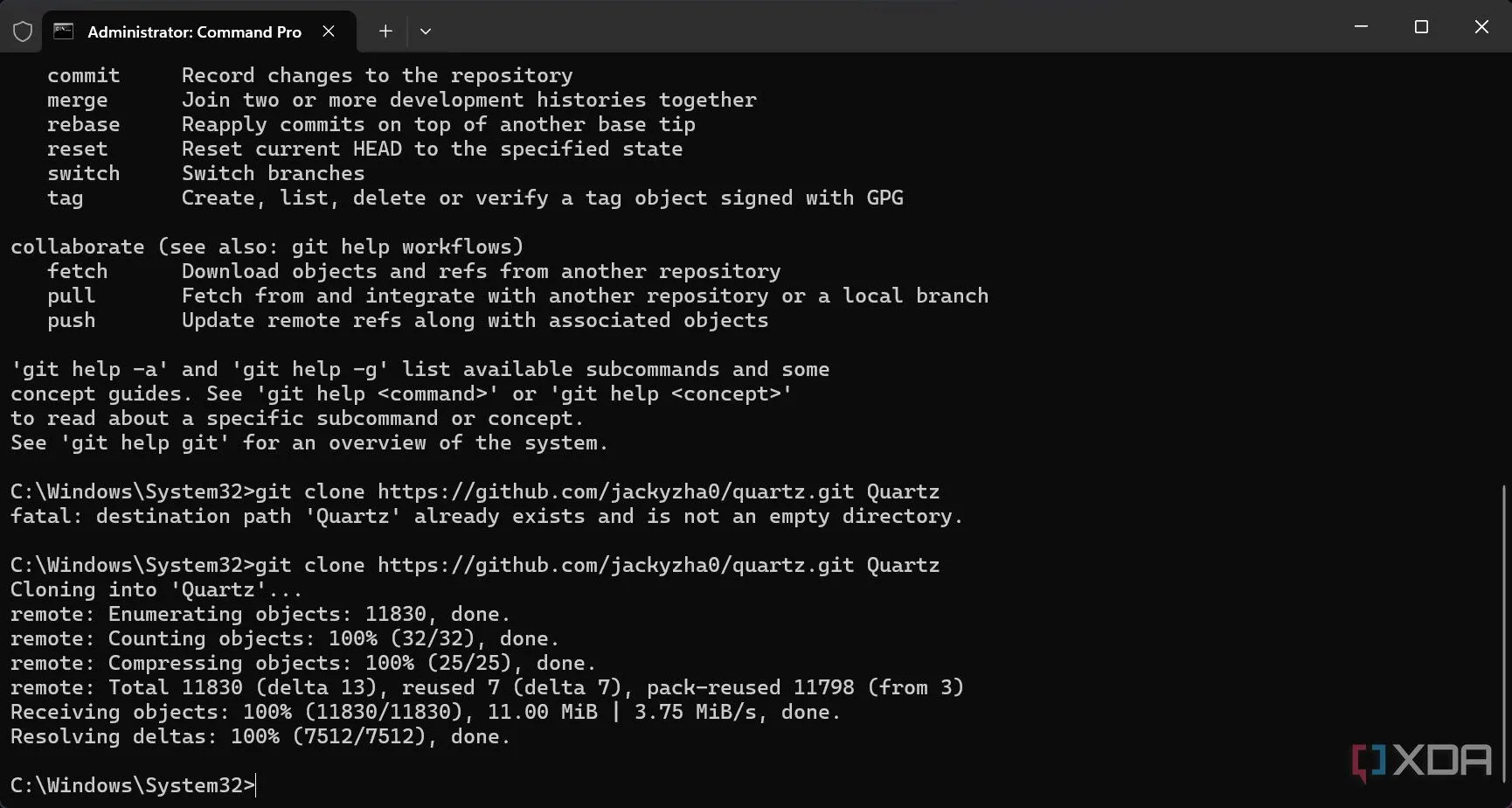 Cửa sổ dòng lệnh đang thực hiện lệnh 'git clone' để tải repository Quartz về máy tính.