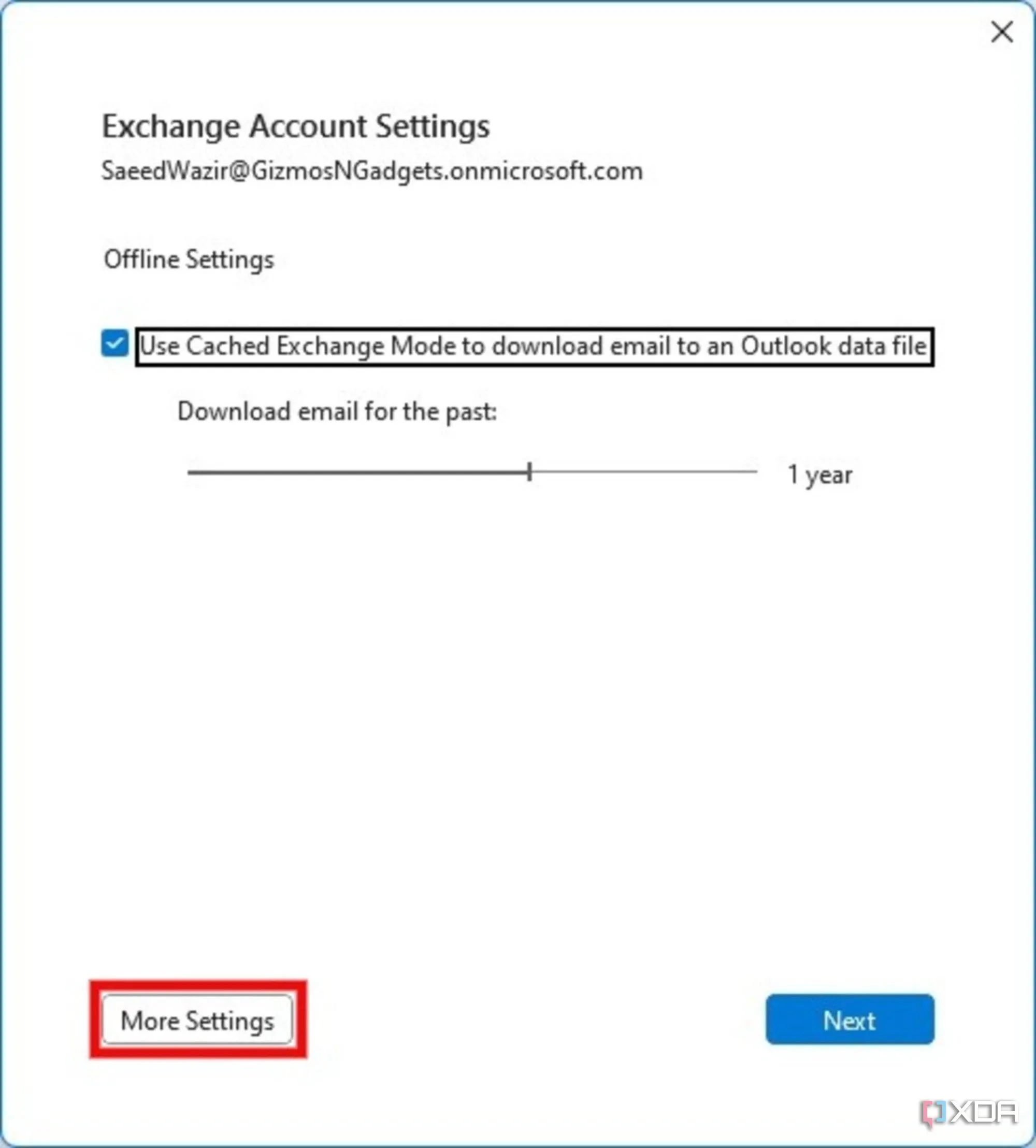 Cửa sổ Exchange Account Settings trong Outlook Classic, với nút &quot;More Settings&quot;