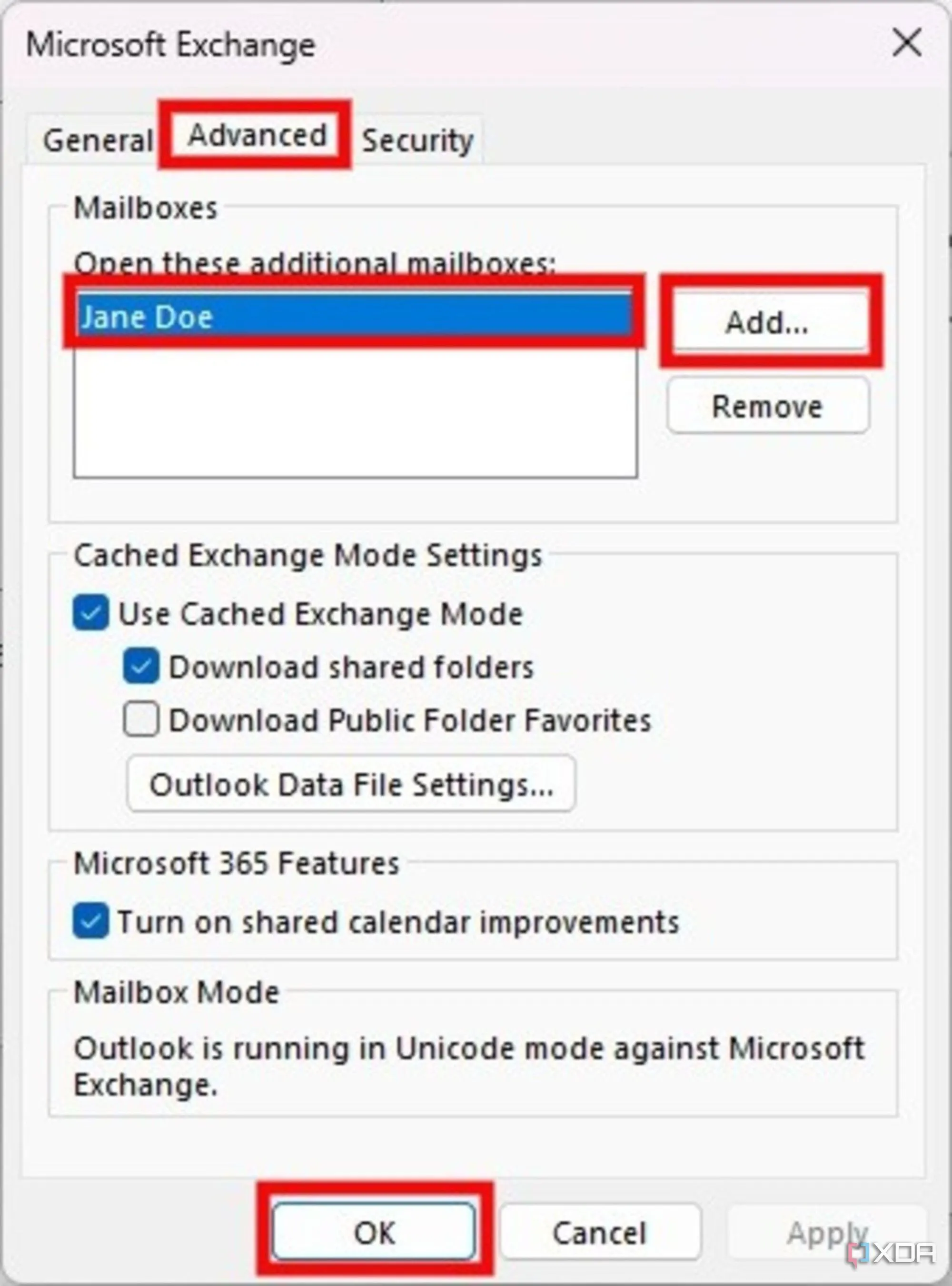 Cửa sổ Microsoft Exchange, chọn tab &quot;Advanced&quot; để thêm hộp thư dùng chung