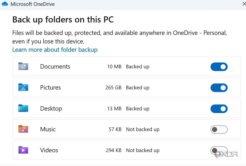 Cửa sổ quản lý sao lưu thư mục trên OneDrive, cho phép người dùng bật/tắt đồng bộ hóa các thư mục Desktop, Documents, Pictures
