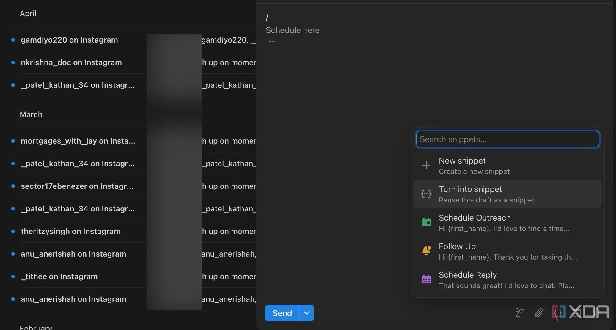 Cửa sổ tạo và quản lý Snippets (mẫu email có sẵn) trong Notion Mail, giúp người dùng tiết kiệm thời gian soạn thảo các phản hồi thường xuyên.