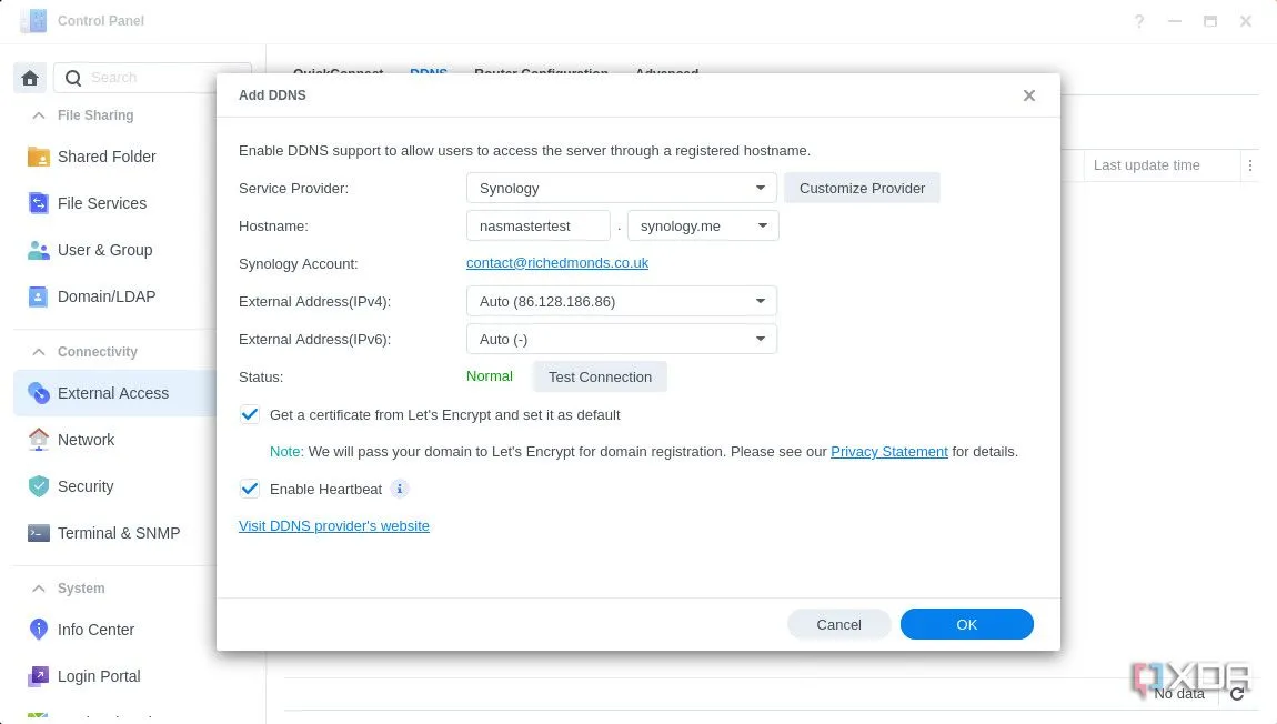 Cửa sổ thêm cài đặt DDNS mới trong Synology DSM 7, với các tùy chọn dịch vụ và hostname