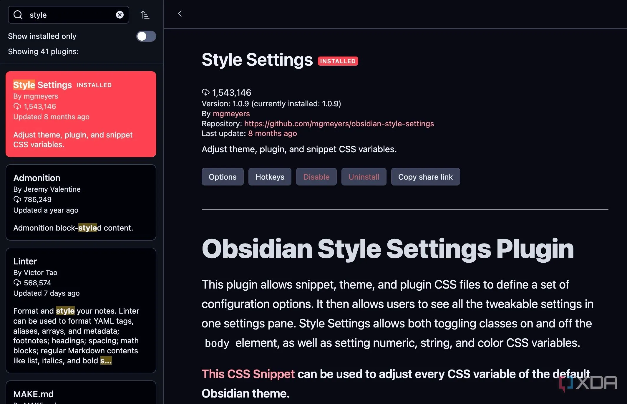 Cửa sổ tìm kiếm plugin trong Obsidian, hiển thị plugin &quot;Style Settings&quot; sẵn sàng để cài đặt