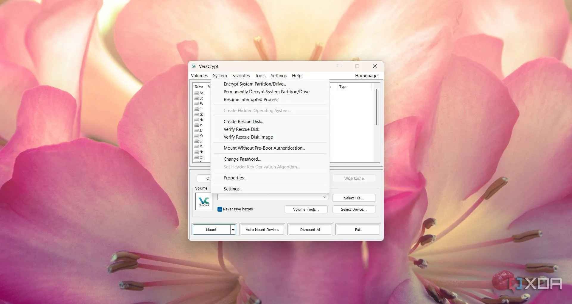 Cửa sổ tùy chọn mã hóa trong VeraCrypt, minh họa các thuật toán mã hóa đối xứng được sử dụng cho mã hóa ổ đĩa toàn bộ