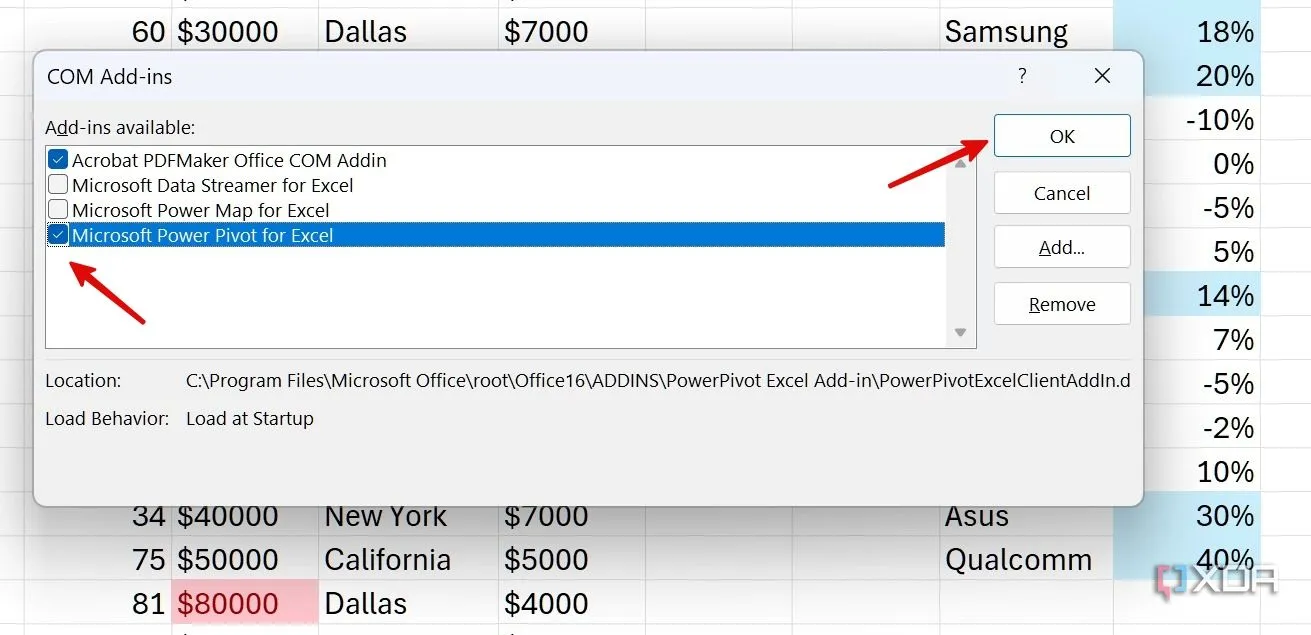 Đánh dấu chọn Microsoft Power Pivot cho Excel để kích hoạt