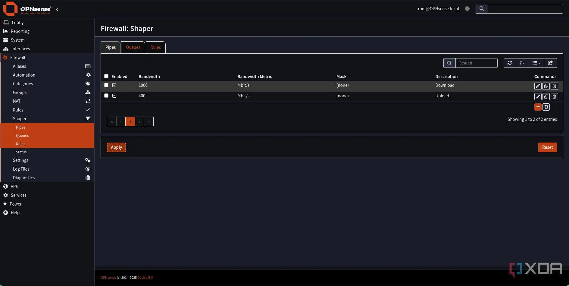 Danh sách các Pipes Download và Upload đã được thêm thành công trong Traffic Shaping OPNsense