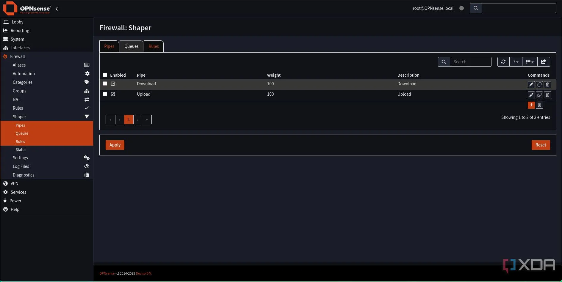 Danh sách các Queues Download và Upload đã được tạo trong cấu hình Traffic Shaping của OPNsense