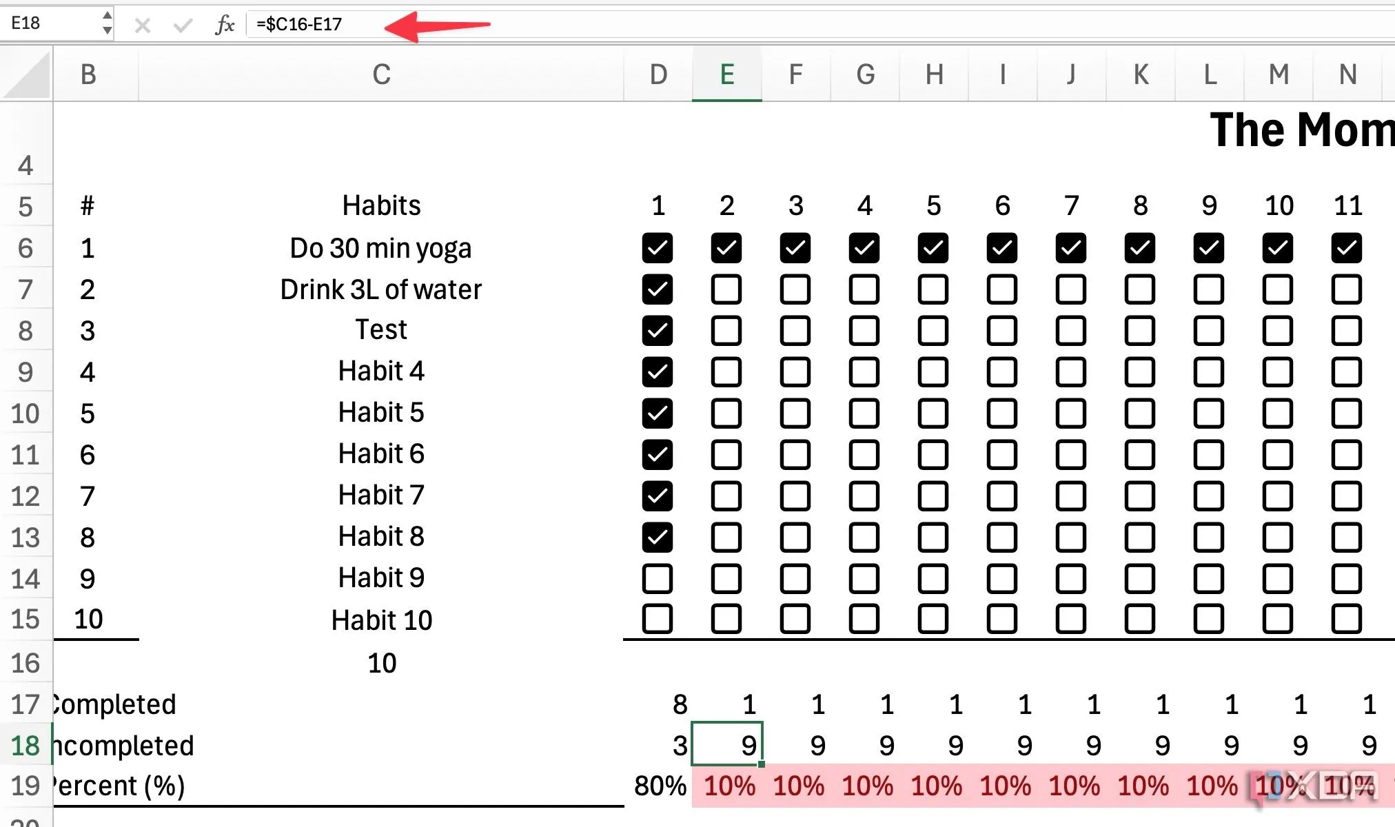 Đếm các thói quen chưa hoàn thành trong Excel