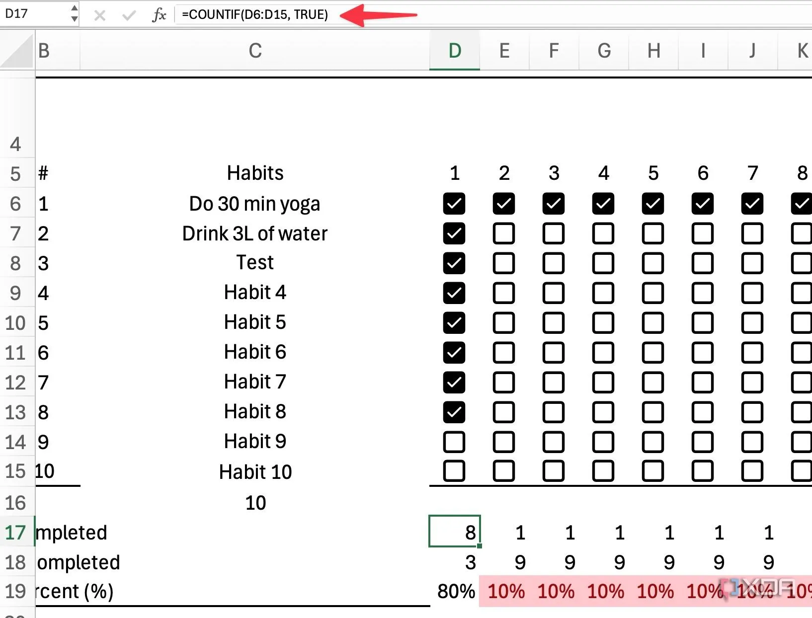 Đếm các thói quen đã hoàn thành trong Excel