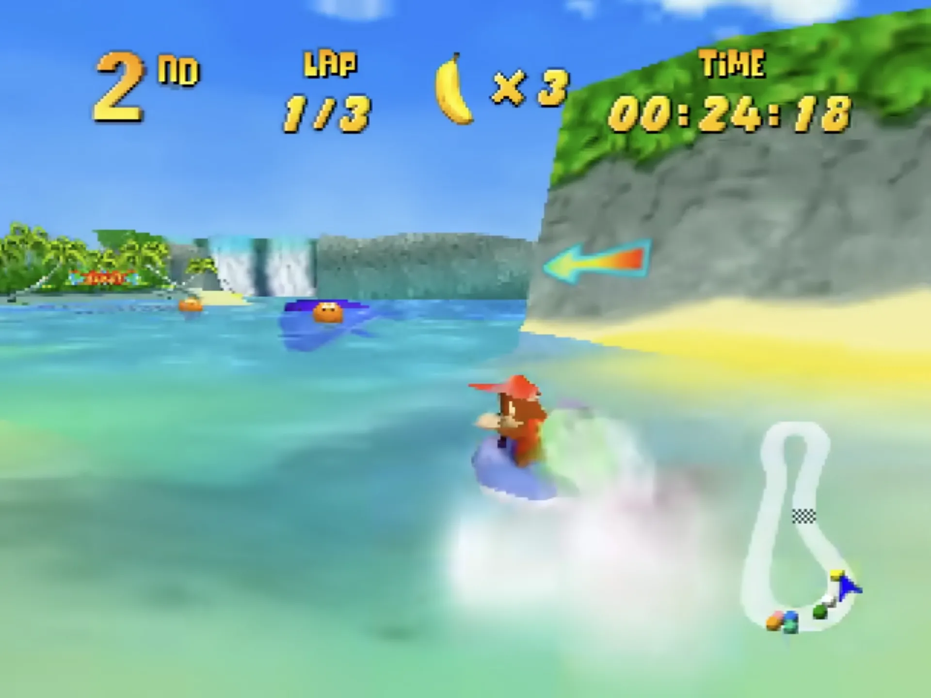 Diddy Kong và các nhân vật khác đang đua xe trong game Diddy Kong Racing trên N64, với đồ họa 3D chi tiết và môi trường đa dạng