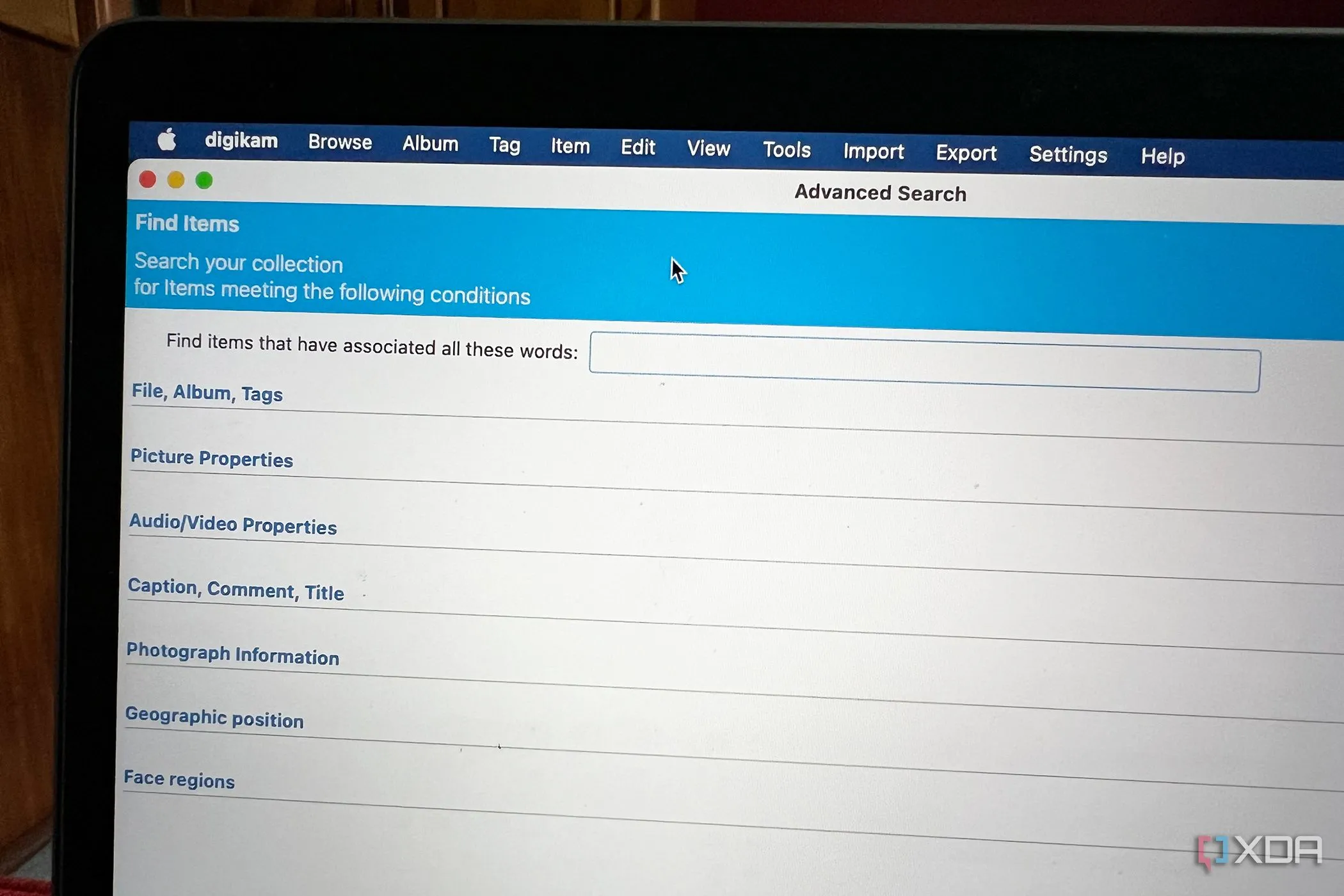 DigiKam search function interface with multiple criteria for filtering and finding images